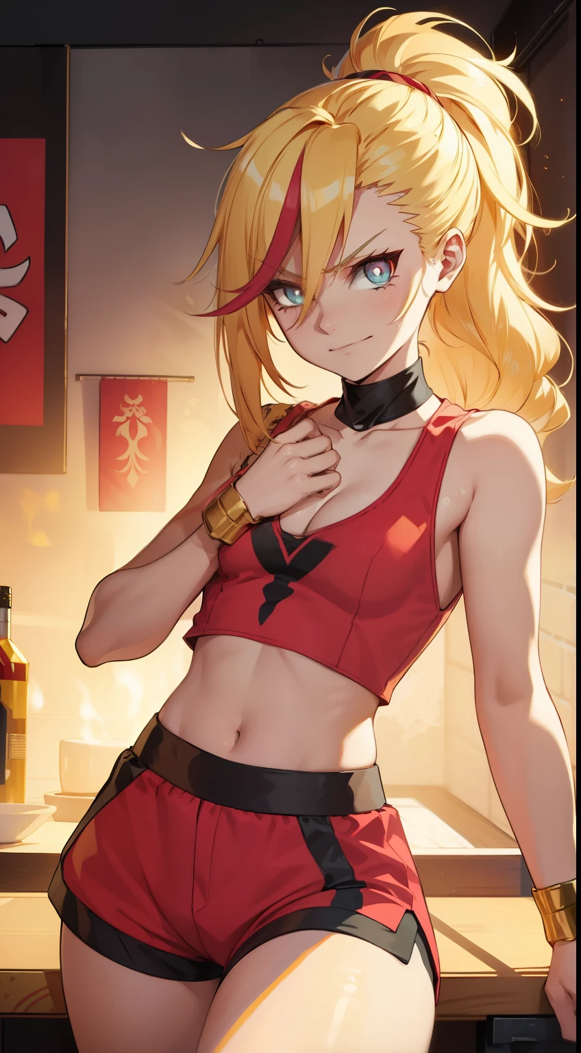 young girl, longue blonde hair, Hairpin with a bundle, turquoise eyes, Yakuza tattoos, red tight uniform, Sleeveless, Wide neckline on the chest to the abdomen, Gold Elements, Red gold armor, Shorts, claws, smirk, Masterpiece, hiquality, 4k, HD, Good detail