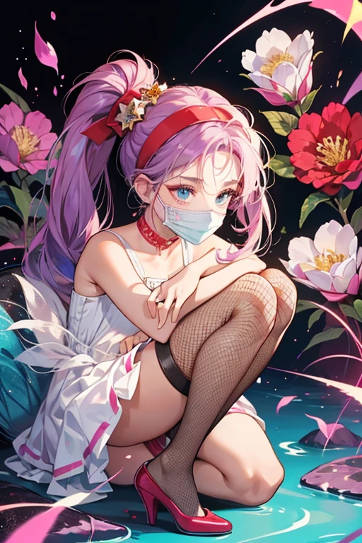 she has purple hair in a bun. She also is wearing a headband of 1 red, 2 pink and 2 yellow flowers, she has aqua eyes, she has a mask of white paint on her face, her dress is red, hot pink, and yellow, she has tan skin, she is wearing black fishnet like tights, and her shoes are red with black soles. SPARKLE; GLITTER