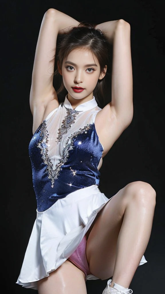 16K quality、最high quality, High resolution., Actual photo、Realistically、Realistic texture、Full body portrait、(((At the link)))、(20代のとても美しいFigure skater)、Figure skater、((Are standing_Split、At the linkI字バランス、Raise one leg vertically above your head、Stretch your legs、Extend your knees and raise your legs、Grab the raised leg with one hand))、((My skirt lifts up due to my violent movements.、She is showing off her red panties under her rolled up skirt..))、(H cup breasts)、((blue eyes))、(High cut high leg white panties)、Be sexually aroused、smile、Embarrassing、((sexy figure skating dresses、Sheer long sleeves、Ultra-thin white tights))、 (White skate blades)、((Beautiful shiny blonde hair、Semi-long hair、Cover one ear ))、choker、Beautiful feet、(Big eyes、No makeup、Very beautiful and delicate makeup, light makeup,)、Perfect body、Perfect hands、Perfect Fingers、Detailed and beautiful thin lips、clear, Beautiful face and well-proportioned eyes、Highly detailed eyes and face、Clean nose、Thin eyebrows、Realistic Light、 (Soft Light, high quality, Smooth and sharp, 10x pixelation, Beautiful eyeshadow)、Cute round face, Plump thighs、Accentuate your thighs、Hairstyle with bangs、Slender body、slim、Light-reflecting skin、Model Body Type、8From head to body、Low Angle、The light in your eyeakes your face smaller、double eyelid、Lip gloss、avert your eyes、Background Blur、Cinema lighting from the front、Light on the face