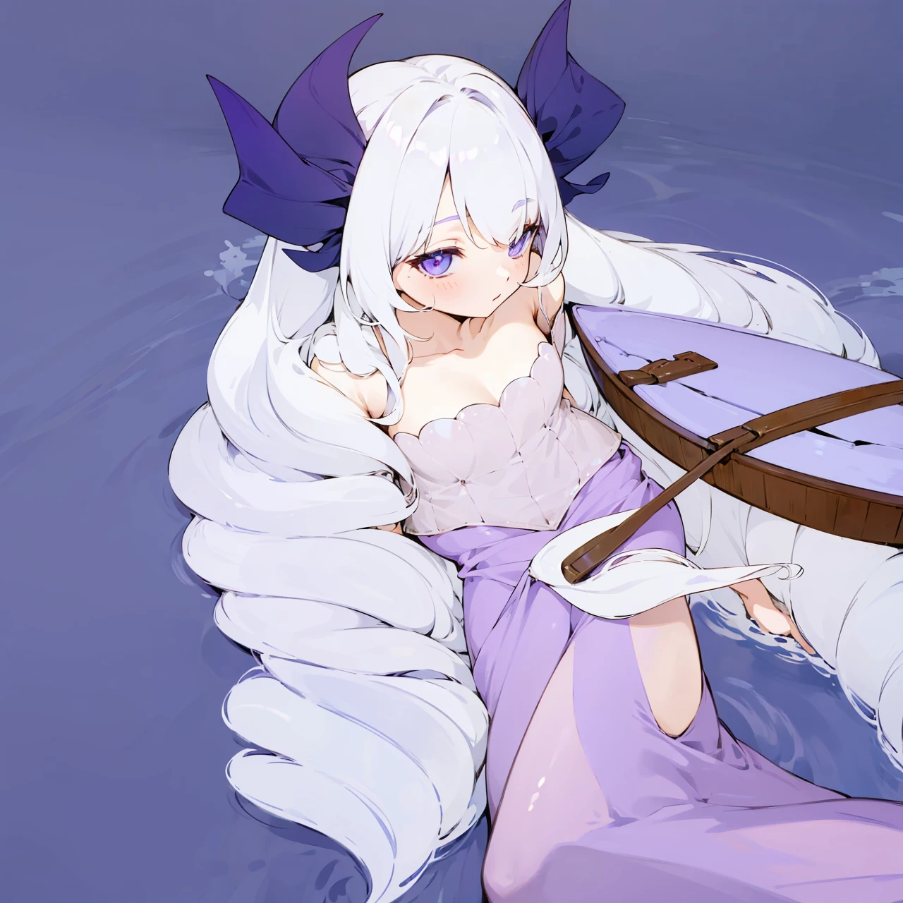Anime girl with curly white hair with mermaid tail fins on hips,purple top and piece of long clothes, looking on the boat while guiding it with her hand as she's floating on the water