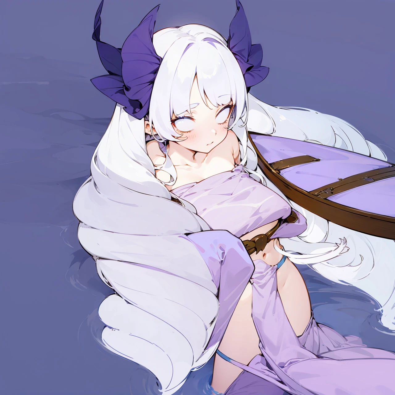 Anime girl with curly white hair with mermaid tail fins on hips,purple top and piece of long clothes, looking on the boat while guiding it with her hand as she's floating on the water