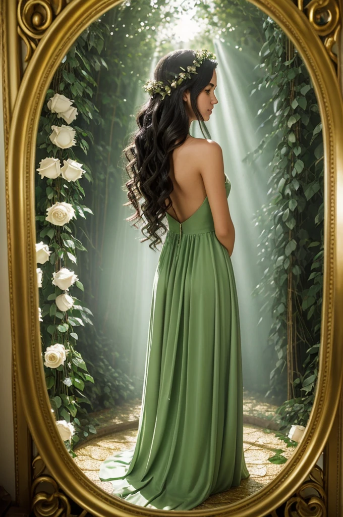 A girl with black wavy hair, of light brunette skin with a light green 15-year-old dress turning her back inside an enchanted forest and all of this is inside a golden oval mirror around white roses
