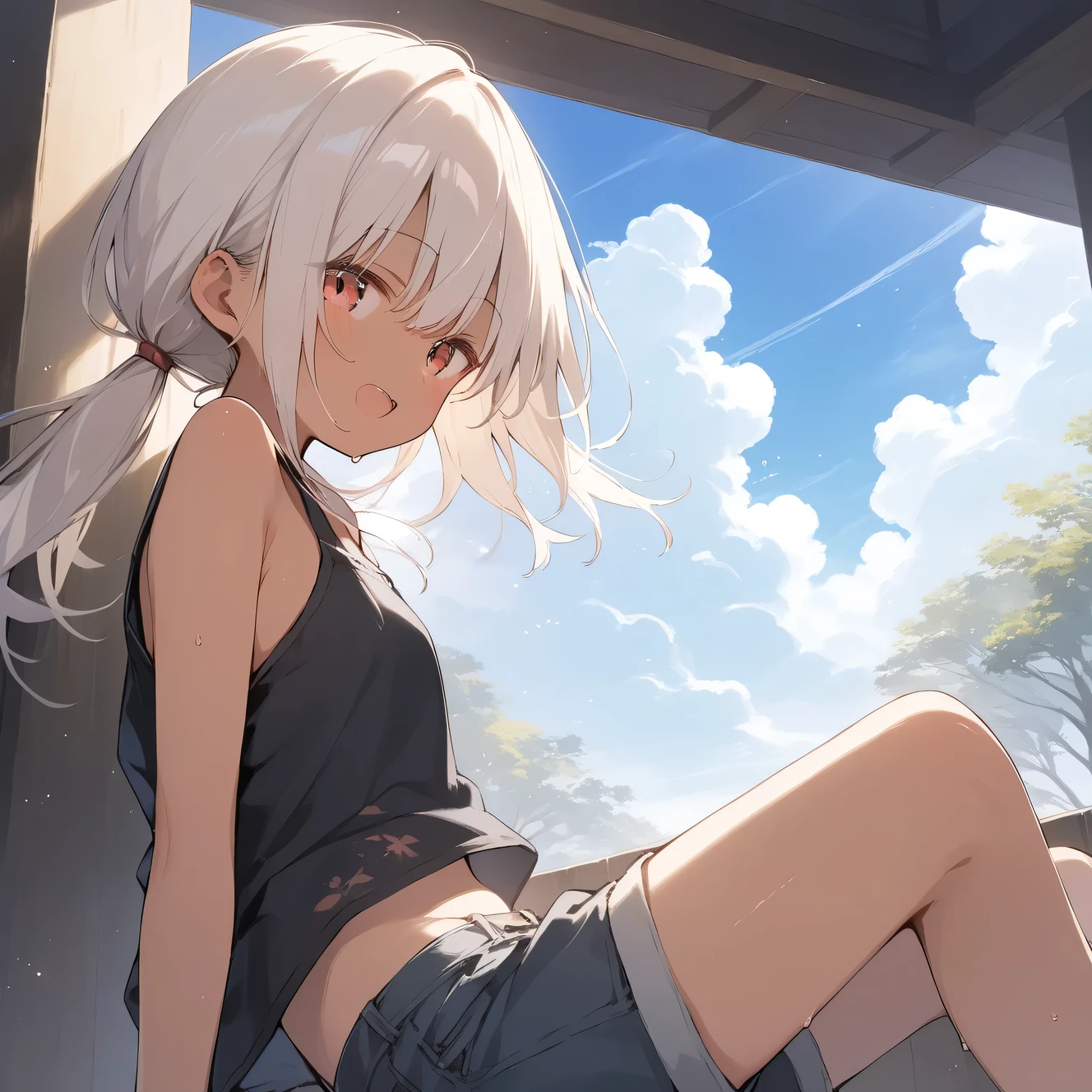 score_9, score_8_up, score_7_up, source_anime, best quality, masterpiece, official art, absurdres, highres, ultra-detailed,waifu2x,Collection: Slice of Life,break,1girl, tomboy, dark-skinned female, short hair, low ponytail, flat chest, beautiful detailed eyes, short shorts, sweat, open mouth, (yawn:0.3), sleepily, outdoors, wind, break,(clear line illustration:1.2),very high resolution, very aesthetic, super detailed skin, Best sexual lighting powered by famous artist, 8k,cute picture,beauty illustration,photoshop_(medium),,(Detailed Lighting),best anime 8k konachan wallpaper, pixiv contest winner,