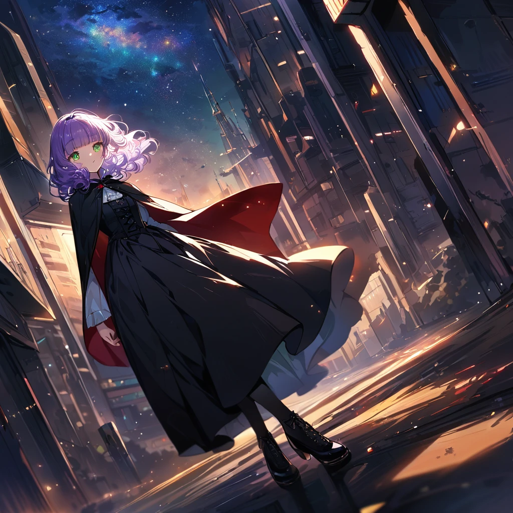 a masterpiece, beautiful eyes, a beautiful face, beautiful depiction, details, solid blue Skyscrapers background, ultra detailed, 8K, 1950's girl, pale-purple hair, a dynamic angle, wavy hair blowing in the wind, blunt bangs hair, black and green eyes,small breast, Vampire cloak, black gothic lolita dress,full body shot, A starry sky, a gentle smile, dimly lit underpass, light coming from behind her, look at viewer, pale colors,