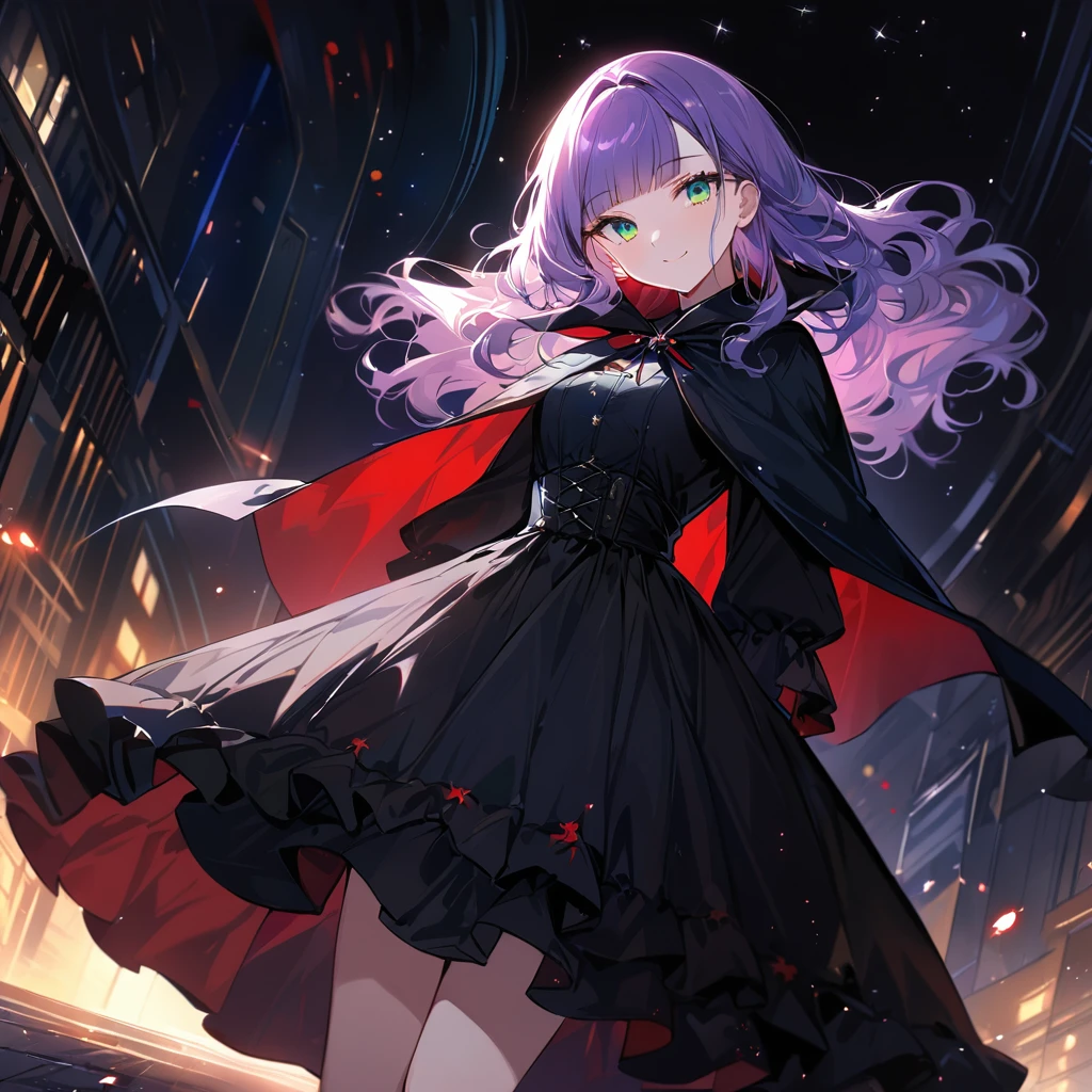 a masterpiece, beautiful eyes, a beautiful face, beautiful depiction, details, solid blue Skyscrapers background, ultra detailed, 8K, 1950's girl, pale-purple hair, a dynamic angle, wavy hair blowing in the wind, blunt bangs hair, black and green eyes,small breast, Vampire cloak, black gothic lolita dress,full body shot, A starry sky, a gentle smile, dimly lit underpass, light coming from behind her, look at viewer, pale colors,