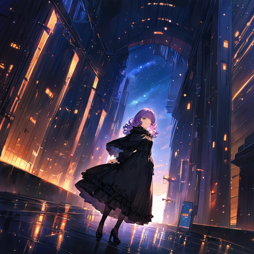a masterpiece, beautiful eyes, a beautiful face, beautiful depiction, details, solid blue Skyscrapers background, ultra detailed, 8K, 1950's girl, pale-purple hair, a dynamic angle, wavy hair blowing in the wind, blunt bangs hair, black and green eyes,small breast, Vampire cloak, black gothic ta dress,full body shot, A starry sky, a gentle smile, dimly lit underpass, light coming from behind her, look at viewer, pale colors,