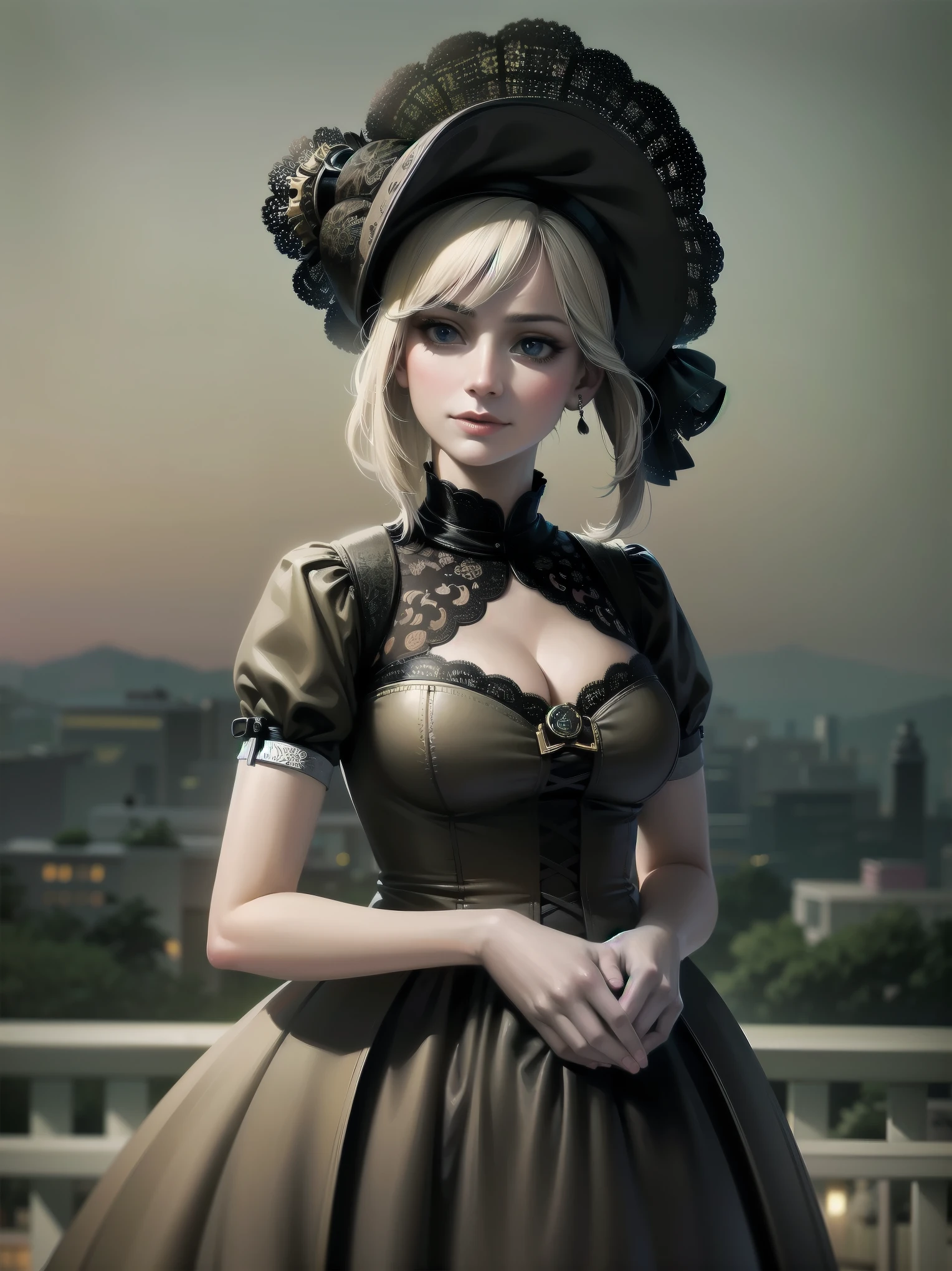 (Highest quality、16K、masterpiece、Ultra-high resolution、Victorian era、Photorealistic:1.2)、A delicate Lolita girl, , stands on a castle balcony at dusk, surrounded by the city's skyline and steampunk contraptions. Her platinum hair is messy, framing her androgynous charm. She wears a flowing white dress with a light green tie and holds a pocket watch in hand. A subtle smile plays on her lips as she gazes out at the night view, her eyes shining like sapphires. The air is filled with steam spewing from pipes, adding to the surreal atmosphere. Her skin glows with an ultra-dense texture, and her fingers are full and detailed.
