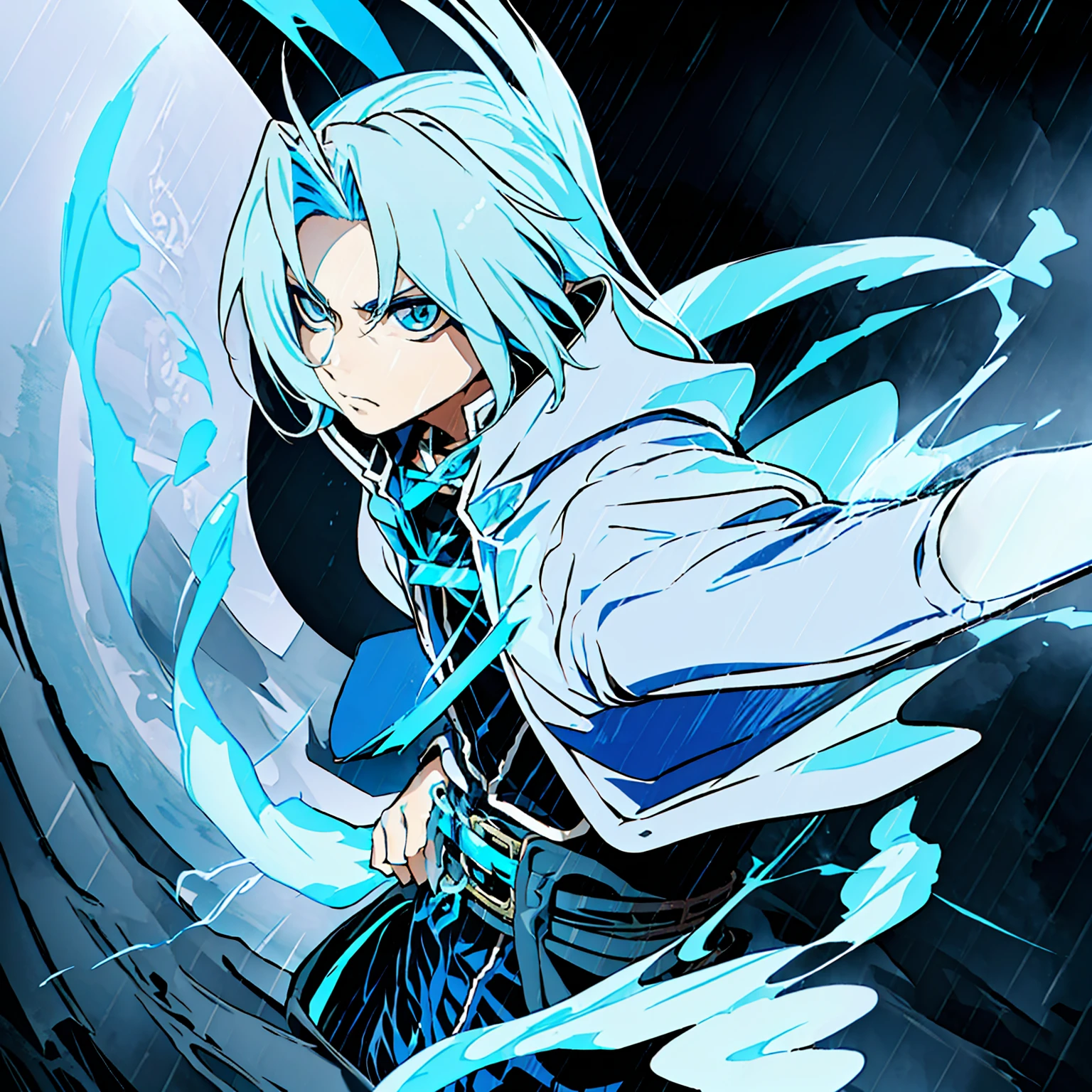 Blue eyes, White hair, Demon Hunter Uniform; similar to a Black Gakuran with a Blue Ribbon on his waist and multiple Magatama accessories along with white boots, Lightning Katana in his hand, Serene expression on his face in a rainy forest