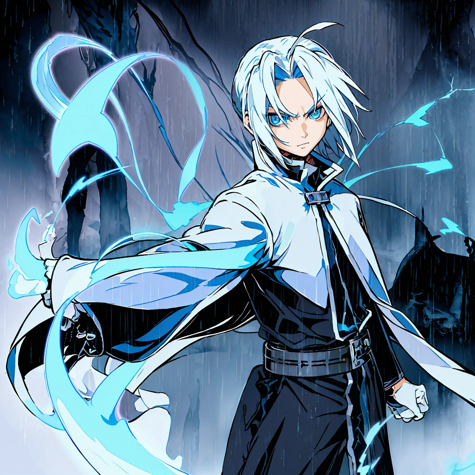 Blue eyes, White hair, Demon Hunter Uniform; similar to a Black Gakuran with a Blue Ribbon on his waist and multiple Magatama accessories along with white boots, Lightning Katana in his hand, Serene expression on his face in a rainy forest