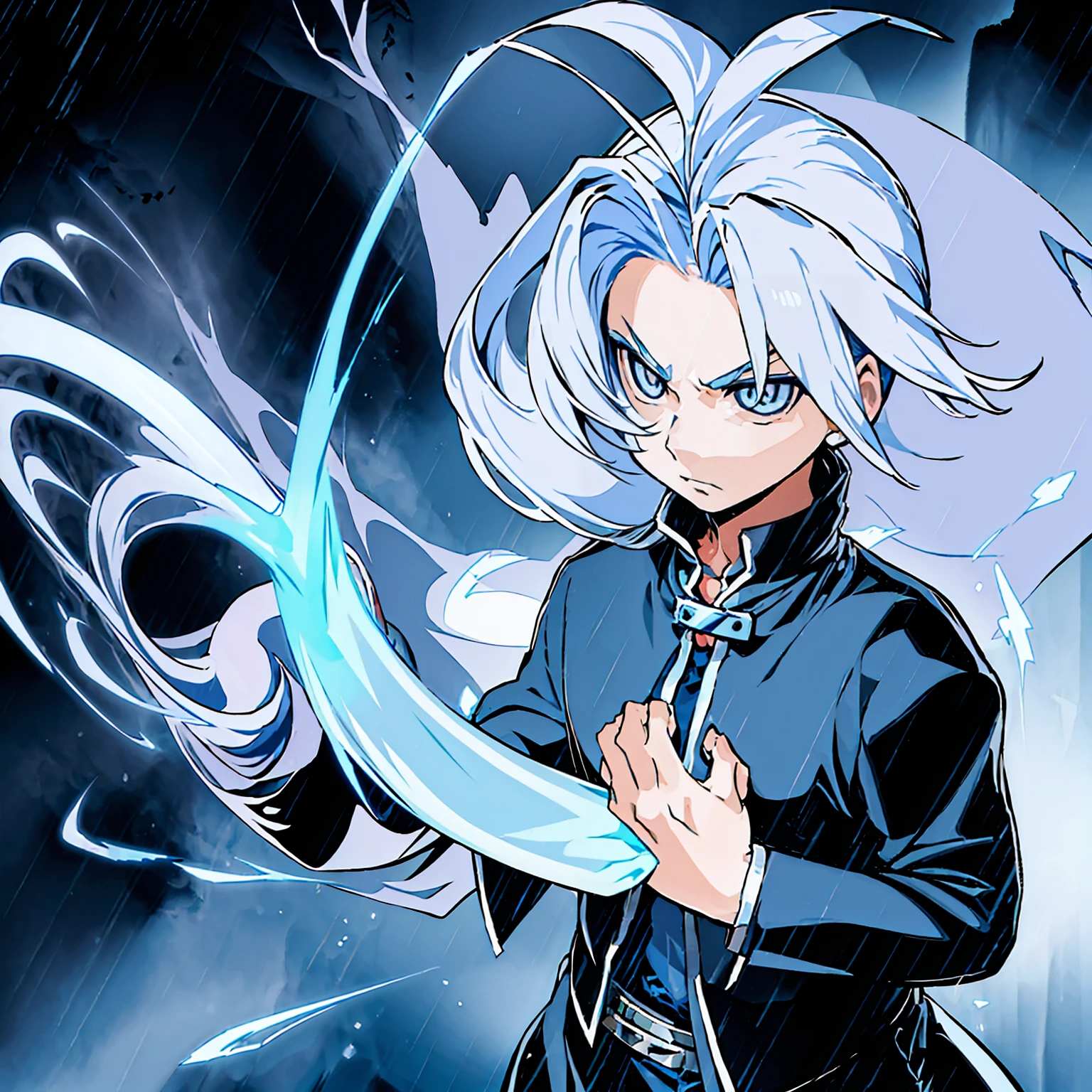 Blue eyes, White hair, Demon Hunter Uniform; similar to a Black Gakuran with a Blue Ribbon on his waist and multiple Magatama accessories along with white boots, Lightning Katana in his hand, Serene expression on his face in a rainy forest