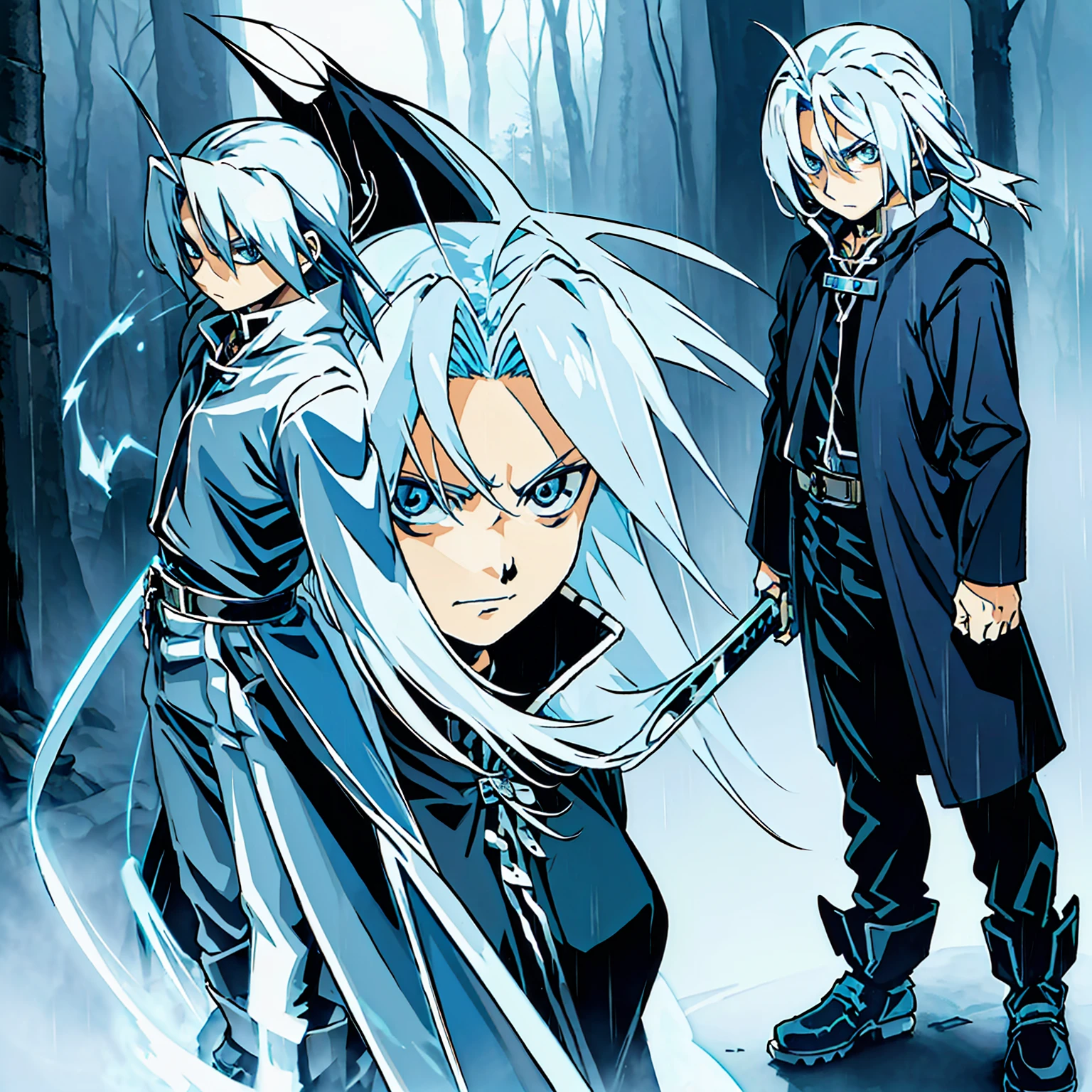 Blue eyes, White hair, Demon Hunter Uniform; similar to a Black Gakuran with a Blue Ribbon on his waist and multiple Magatama accessories along with white boots, Lightning Katana in his hand, Serene expression on his face in a rainy forest