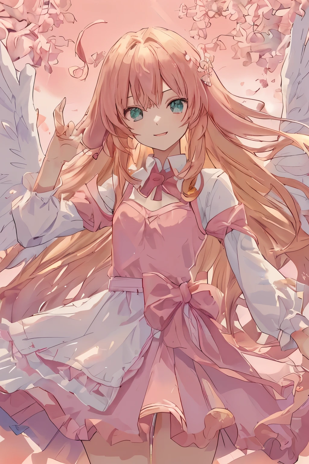 1_girl, (anime, kawai:2), (masterpeice, best_quality, simple, cute, dreamy, vibrant, clean:1.5), (cute, cute_smile, young:1.8), (delicate, beautiful, thin:1.5), (girlfriend, angel:1.6), (green_eyes, simple_eyes:1.5) (long_hair, blond_hair, wearing_pink_dress, pink_angel_wings, sexy_gloves:1.5), extremely_delicate, (love_magic:1.5), (age_size_fits_body), (small_thighs:1.3), (breasts), (eye_level:1.3), (heart_magic, love:1.5),