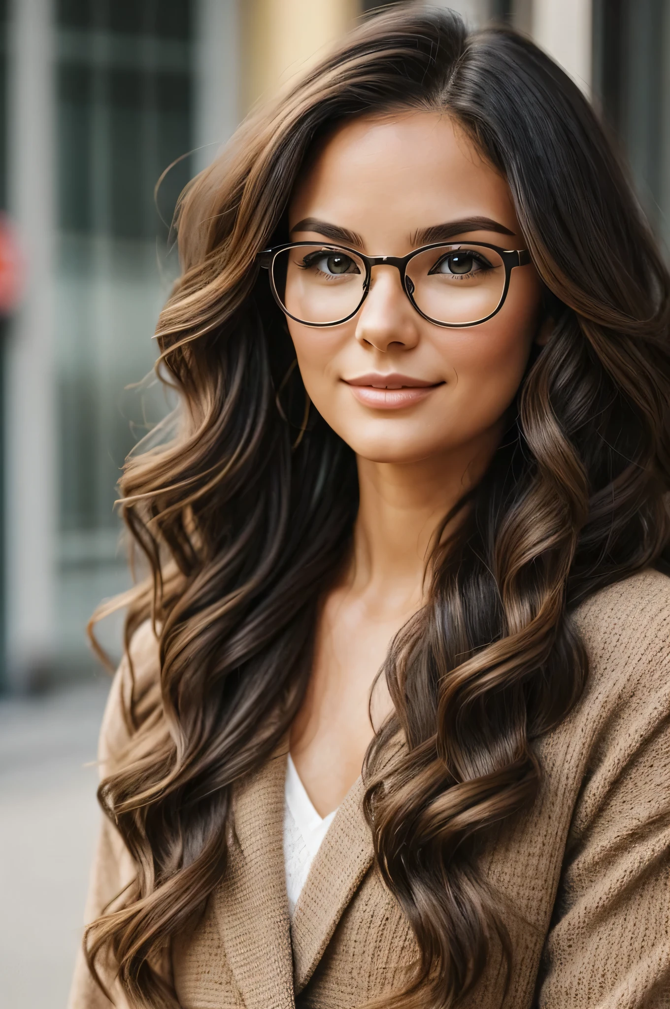 Generate a detailed description of an amazingly beautiful young woman in her 30s with designer eyeglasses and wavy hair, highlighting her distinctive features, style, and demeanor.