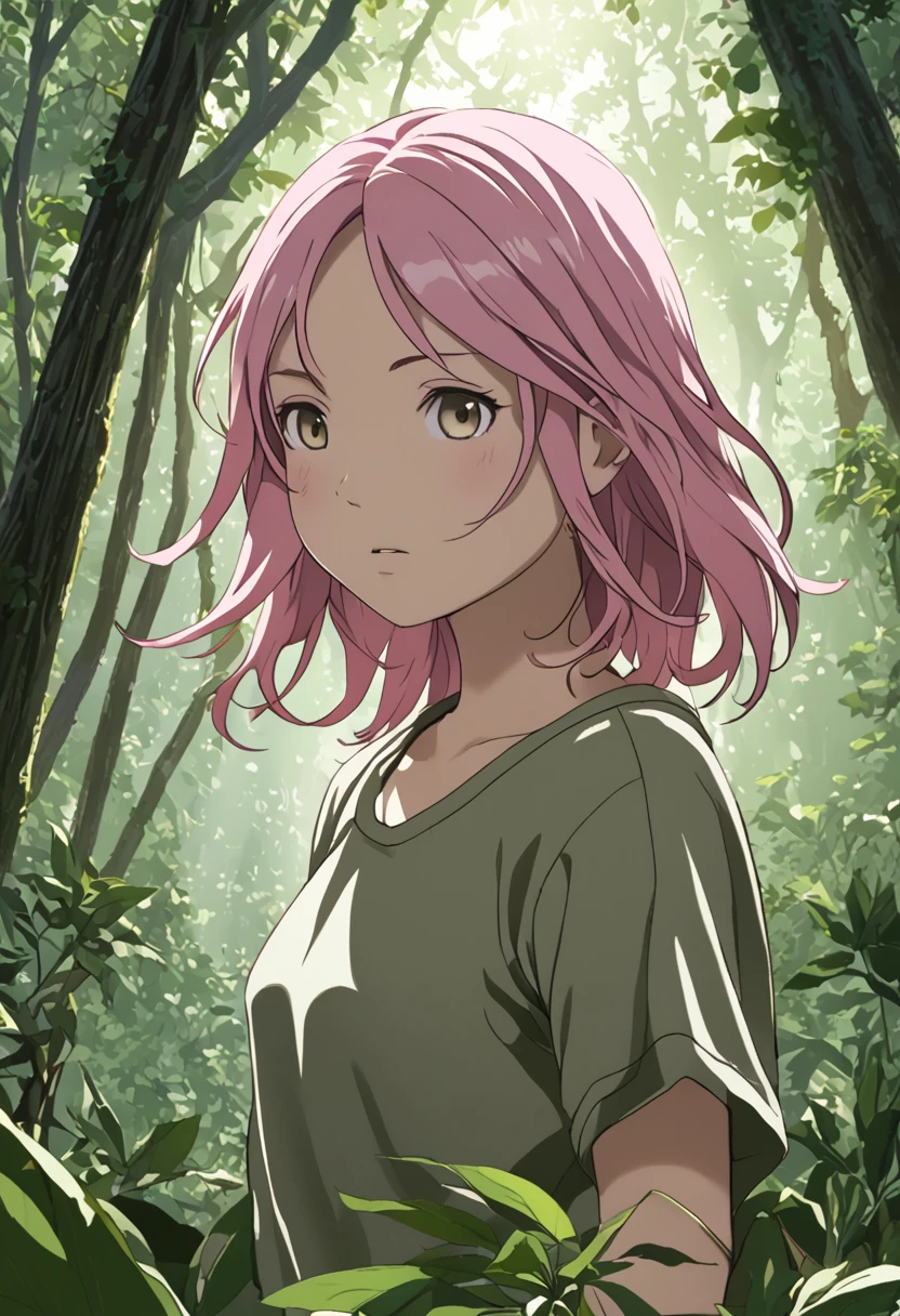 "It depicts a girl living in the natural environment of the jungle.. She wears simple clothes, Practical clothing for life in the forest. Her hair is disheveled、Loose, Demonstrating a connection to nature. The girl has a look of determination and confidence., Reflects adaptation to the wild environment. The lush vegetation of the surrounding area accentuates its peaceful and harmonious presence in the jungle.。. The light coming through the treetops creates a play of shadow and light., Add depth and mystery to the scene."Pink hair