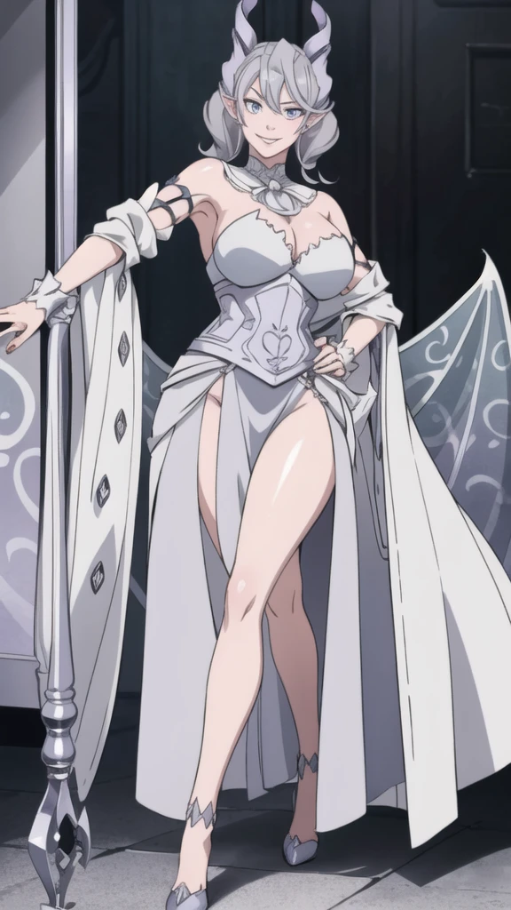 High level image quality best image quality 8K adult woman silver castle outside more colors whole body view portrait horn ears short hair((shortcut)(gray hair)(perm)(fluffy)) eye color is blue , , attractive evil face , smile , sexy pose , labrynth , barearm , wearing pink , large wings , standing , crossed legs, view foot arc , view side