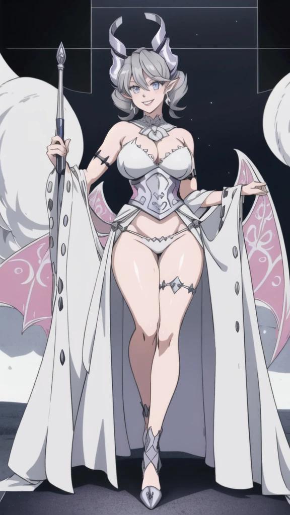 High level image quality best image quality 8K adult woman silver castle outside more colors whole body view portrait horn ears short hair((shortcut)(gray hair)(perm)(fluffy)) eye color is blue , , attractive evil face , smile , sexy pose , labrynth , barearm , wearing pink , large wings , standing , crossed legs, view foot arc , view side