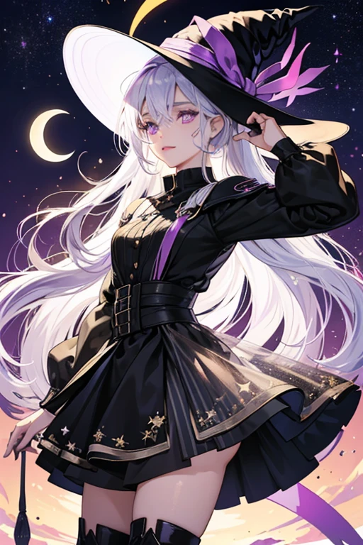 Witchay has white hair that is shoulder length, and a little bit of her hair on the left side is tied up with some more of her hair, she also has lavender purple eyes, with two face decals, one being a star and the other being a cresent moon, she wears a black sunhat, a see through shirt, a see through skirt that has stars and moons on it, and she is also wearing black and orange striped tights with black boots, along with black fingerless gloves. SPARKLE; GLITTER
