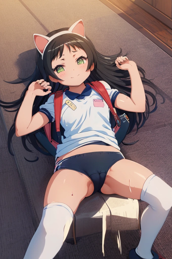 masterpiece, ultra quality, ultra sharp, ultra detailed, 1girl, solo, (((good anatomy))), haduki kurumi, (tattered torn dripping wet white gym shirt), navy gym pants, animal ears, randoseru, name tag, Japanese anime pose, laugh, BurumaShorts, Buruma, Gym Uniform, (((lying:1.4,  spread_legs, legspread, split_legs, spreading legs)), (randoseru backpack:1.4), (smirk smile), buruma, blue buruma, black buruma, (cameltoe), (tattered torn short sleeve white gym uniform with colored hem), (tiny nipples), (white long loose socks), strong lighting, legspread, bukkake, cum on clothes, cum on legs, cum on buruma, cum on bloomers,