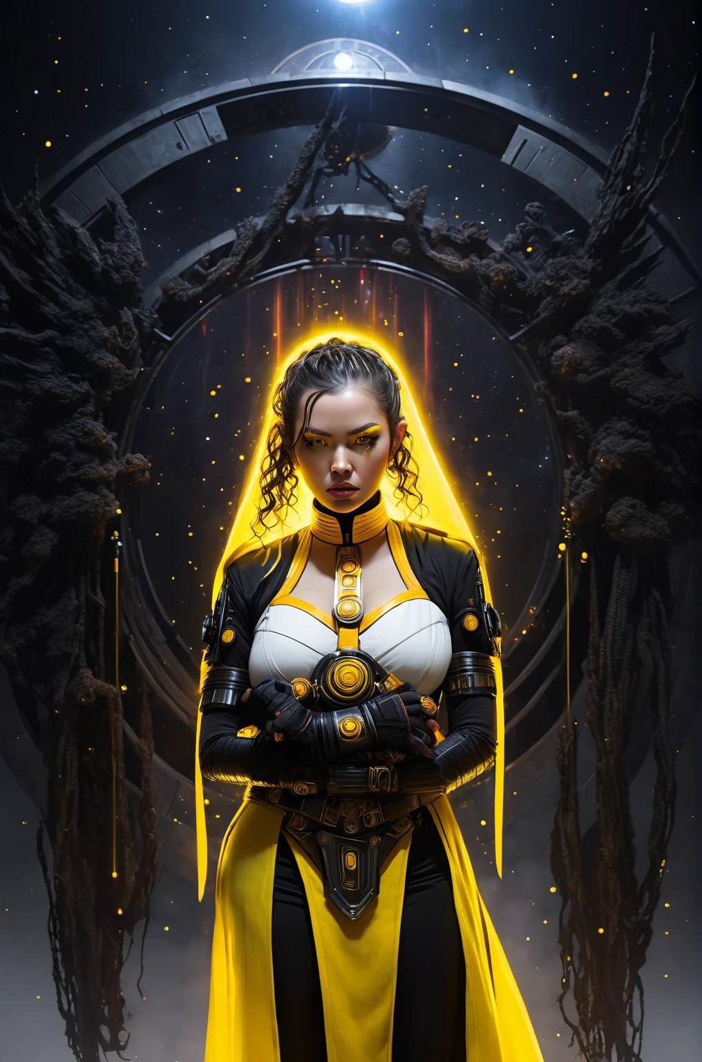 bdsm, collar cyberpunk Samurai jacket, (female, yellow skin:1.74), Large linen cape, (nice face, very angry:1.3), (bdsm harness, tight huge massive firm breasts:1.5), surrounded by a detailed spacescape with translucent dark-amber Highlights, (black neon, emissive), (yellow particules, hyper-detailed,:1.2) sharp, high resolution, high quality, 32K, Ultra realistic, HD, super detailed, line art, abstract style, (full body, shinny, wavy hair:1.2), (star wars inquisitor:1.3), (circle hard powerful black white orange red hard fire neon:1.2)