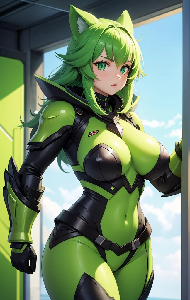 girl, With big breasts, with futuristic green armor, lemon green eyes, green fur.
