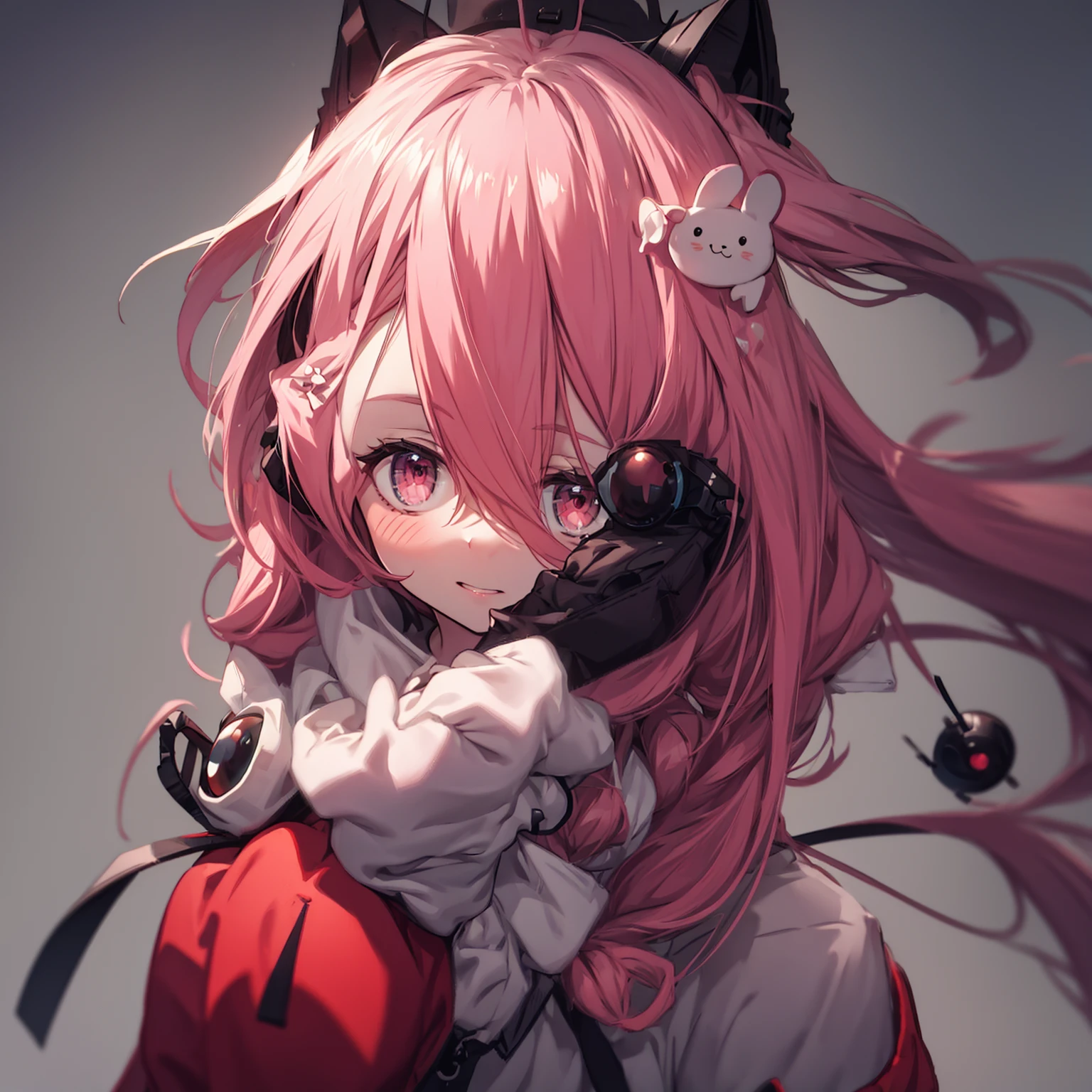 Anime foxgirl with pink hair, chibi, upper body, big head, laugh, and character traits, 9 emotions, 9 emojis: Grieves, astonishment, having fun, sound sleep, big laughter, irate, doubt, Sell moe