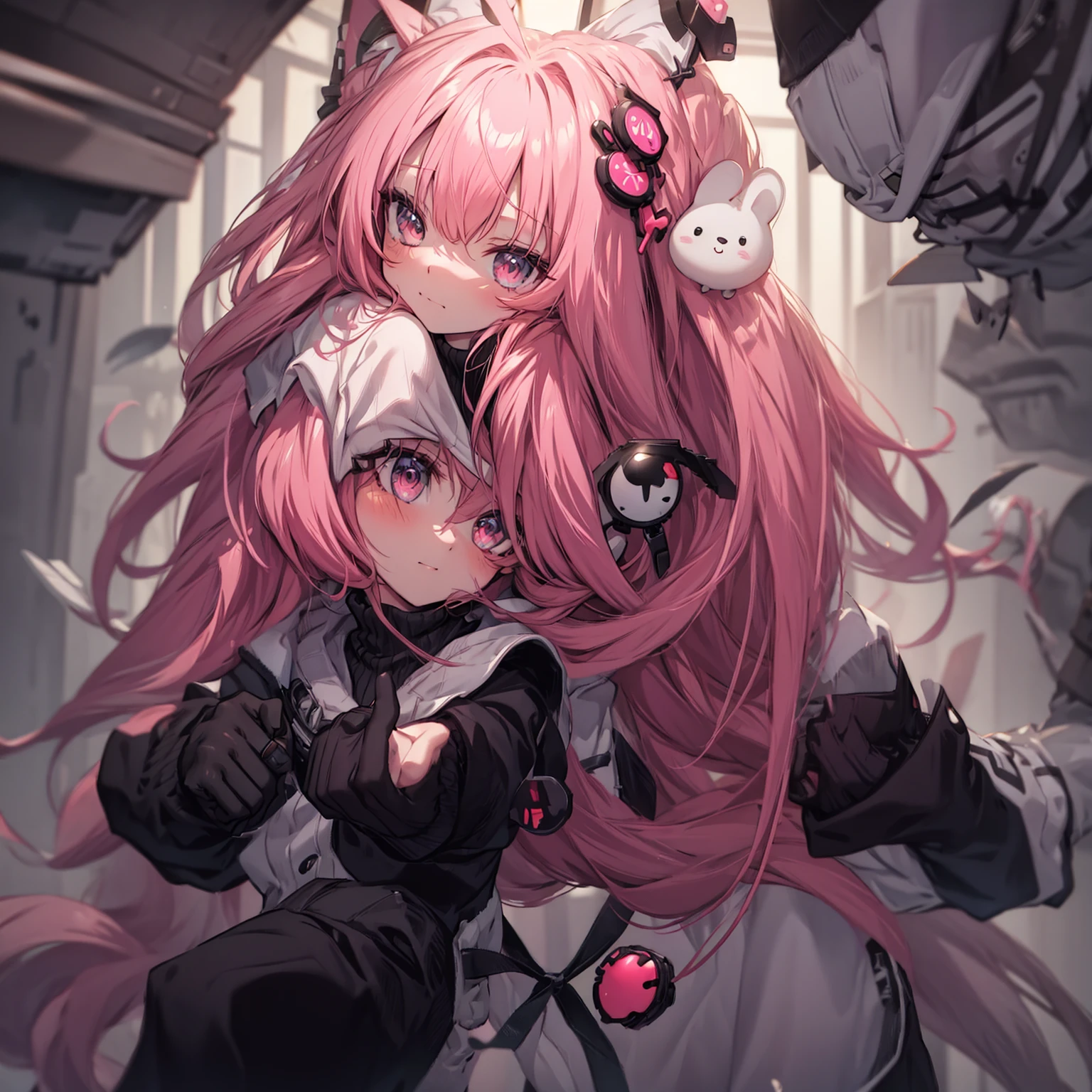 Anime foxgirl with pink hair, chibi, upper body, big head, laugh, and character traits, 9 emotions, 9 emojis: Grieves, astonishment, having fun, sound sleep, big laughter, irate, doubt, Sell moe