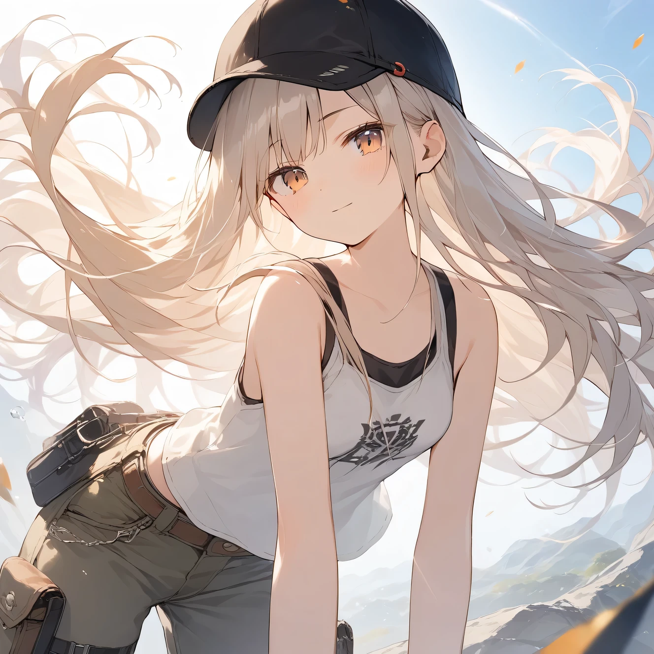 score_9, score_8_up, score_7_up, source_anime, best quality, masterpiece, official art, absurdres, highres, ultra-detailed,waifu2x,Collection: Slice of Life,break,1girl,fantasy world, small breasts, cap, tank top, cargo pants, outdoors, wind, break,(clear line illustration:1.2),very high resolution, very aesthetic, super detailed skin, Best sexual lighting powered by famous artist, 8k,cute picture,beauty illustration,photoshop_(medium),,(Detailed Lighting),best anime 8k konachan wallpaper, pixiv contest winner,