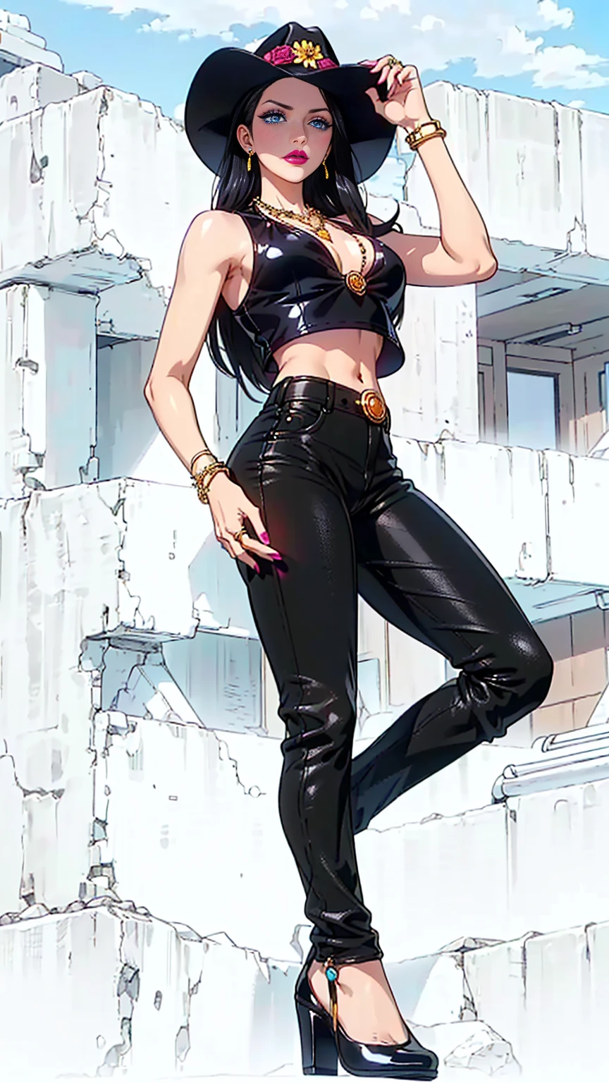 ((1girl, solo ,alone, long hair, black clothes, pink lipstick, Nico Robin, flower in her hair, woman, (one piece) , dynamic pose,fitness, gold bracelets, ruby earrings)), ((solo, 1woman, pink lipstick, Extremely detailed, ambient soft lighting, 4k, perfect eyes, a perfect face, perfect lighting, a 1girl)), austere, ((cowboy hat, leather outfit, black shirt, leather pants, black high heels, sapphire necklace, bracelet, gold jewels, diamonds, old west
))