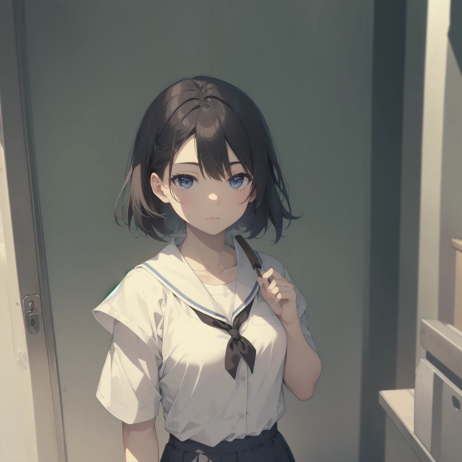 ultra-absurdres-Top quality by artist God, ultra-detailed, high resolution, anime moe artstyle, best anime 8k konachan wallpaper, pixiv contest winner, pool:2810, perfect anatomy,break, 1girl, (Please draw a girl walking sleepily to school alone. )break,(Solo,little female, 13-year-old:1.3),Full limbs, complete fingers,a junior high school student, (very short hair), short cut, flat chest, , small butt, small black eyes, beautiful detailed eyes, well-proportioned iris and pupils, expressive eyes, highres detailed hair, soft expression, salor school_uniform, sailor collar, serahuku, bow, pleated skirt,(Detailed Lighting), (Detailed background), in the School commute route. break,super detailed skin, Best cinematic lighting powered by famous artist, 8k,beauty illustration,photoshop_(medium),very aesthetic,break,((artist:toosaka_asagi )), artist:clamp ,artist:carnelian ,artist:kantoku ,