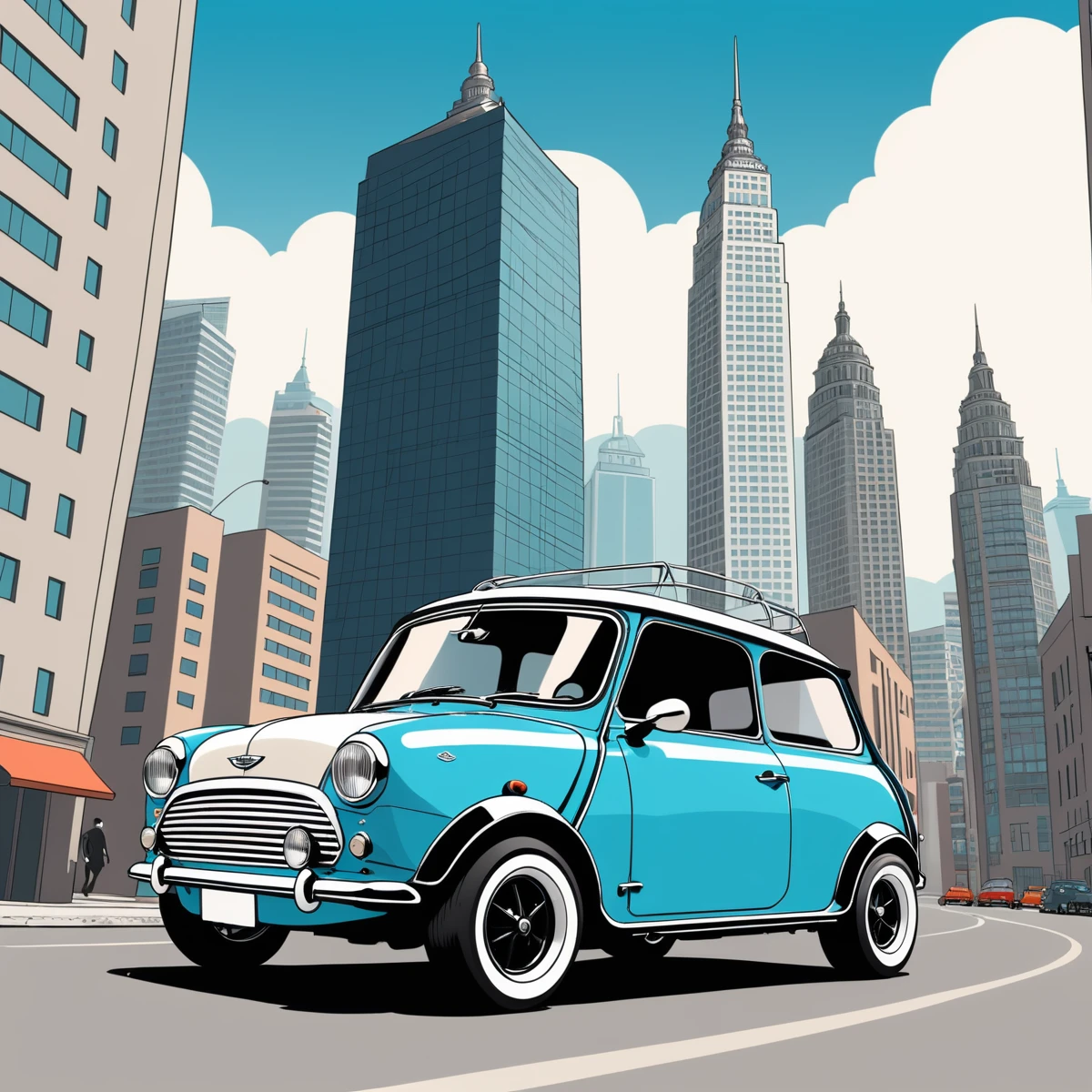 Vector illustration, scenery, ink, Pop Art, sketch, car drifting, 1 set, 1960s Mini Cooper S, Wide Fender, Big Rim, Condemnation, (drifting:1.2), on the road, (city:1.3), (skyscraper:1.1),