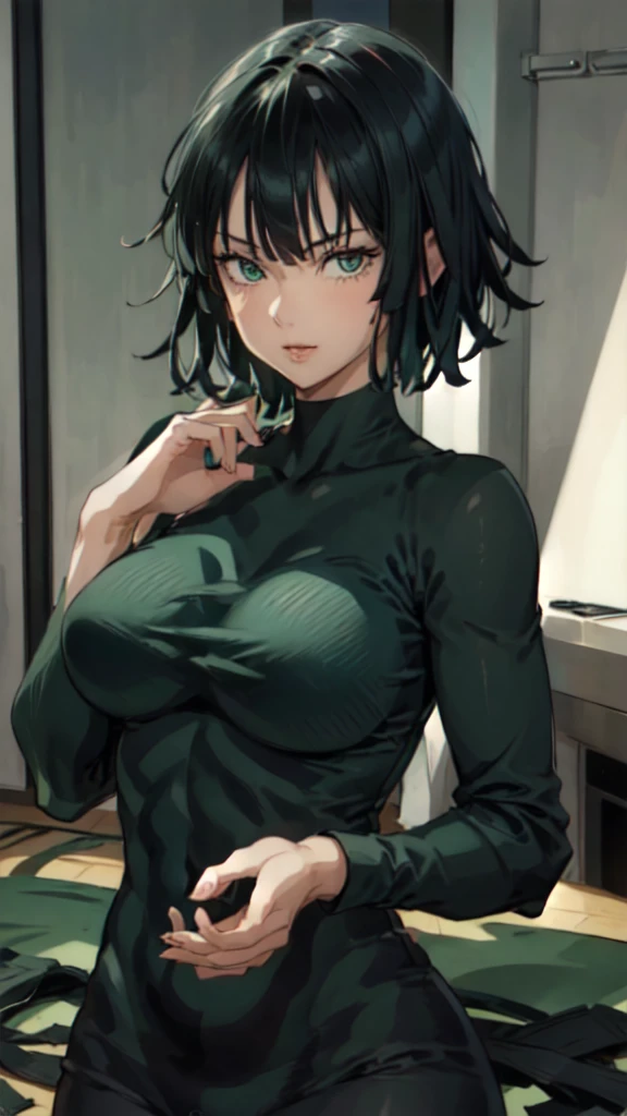 fubuki, fubuki, Dark green hair, Green Eyes, short hair, (Large Breasts:1.2), good, panties, black good, black panties, Portrait Shot, Upper Body Shot, Face Focus, Close-up shot, only Upper Body Shot, break indoors, office, break looking at viewer, break (masterpiece:1.2), Highest quality, High resolution, unity 8k wallpaper, (figure:0.8), (Beautiful attention to detail:1.6), Highly detailed face, Perfect lighting, Highly detailed CG, (Perfect hands, Perfect Anatomy), A proud smile