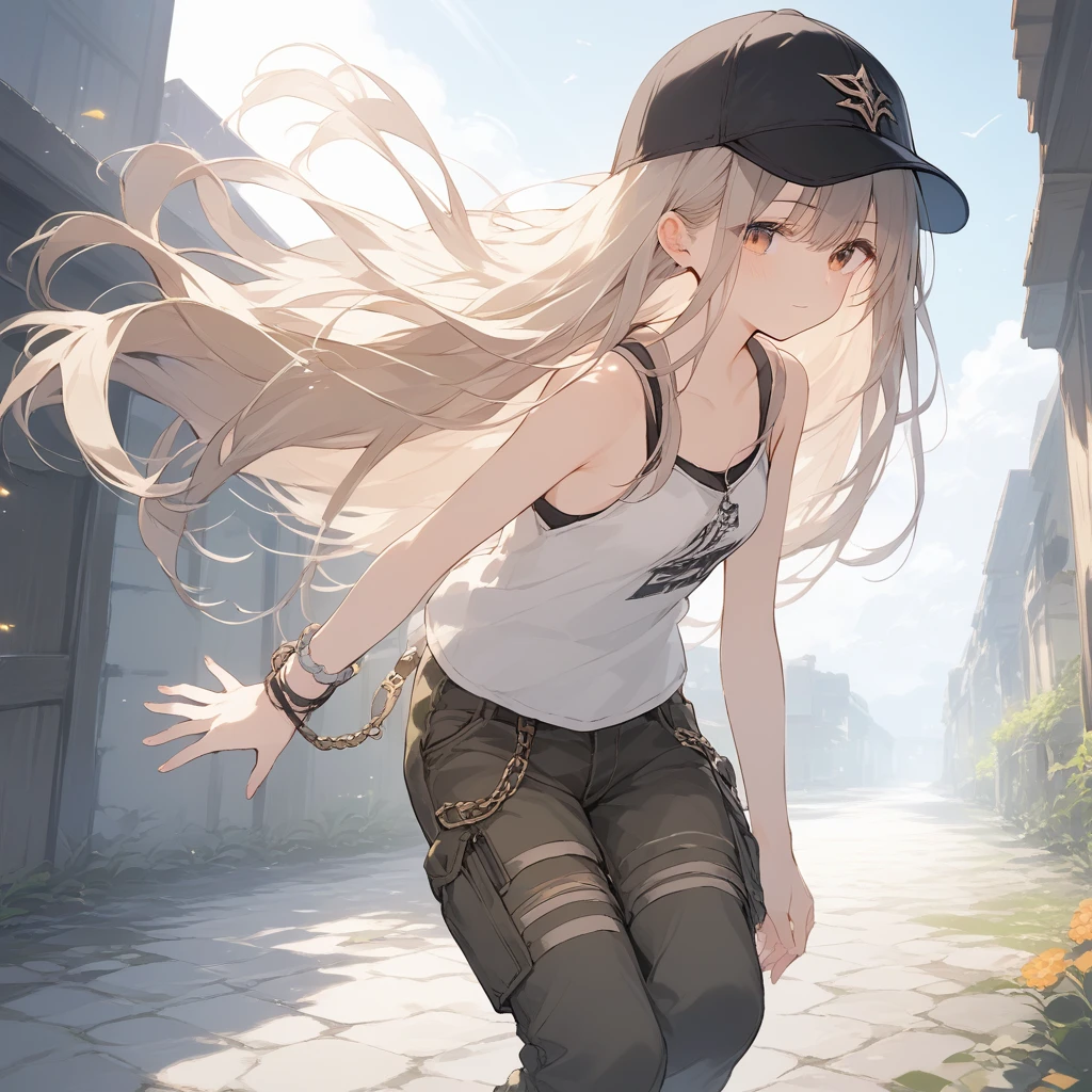 score_9, score_8_up, score_7_up, source_anime, best quality, masterpiece, official art, absurdres, highres, ultra-detailed,waifu2x,Collection: Slice of Life,break,1girl,fantasy world, small breasts, cap, tank top, cargo pants, outdoors, wind, break,(clear line illustration:1.2),very high resolution, very aesthetic, super detailed skin, Best sexual lighting powered by famous artist, 8k,cute picture,beauty illustration,photoshop_(medium),,(Detailed Lighting),best anime 8k konachan wallpaper, pixiv contest winner,