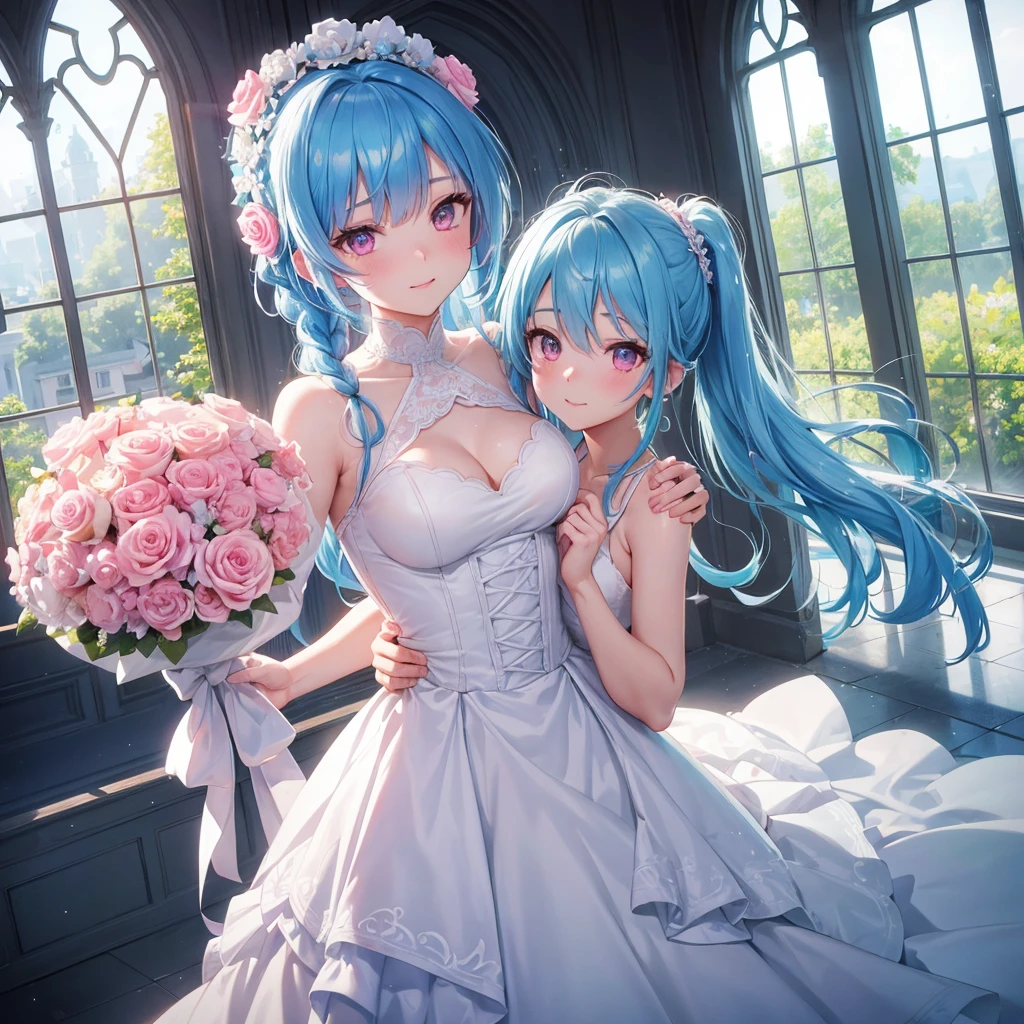 Sky blue hair, (Braided Ponytail),(Pink Eyes),Fair skin ,(whole body),(One girl),bride,A big smile,Straight bangs, 6月のbride,Wedding dress,(masterpiece, Highest quality, Very detailed, Best Shadow), (Detailed Background), (Beautifully detailed face), High Contrast, (Best lighting, Very delicate and beautiful), ((Cinematic Light)), colorful, Hyper Detail, Dramatic Light, Intricate details,Chapel background,Bouquet of roses