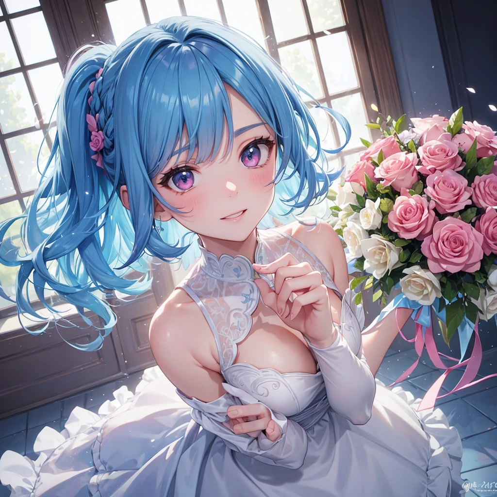 Sky blue hair, (Braided Ponytail),(Pink Eyes),Fair skin ,(whole body),(One girl),bride,A big smile,Straight bangs, 6月のbride,Wedding dress,(masterpiece, Highest quality, Very detailed, Best Shadow), (Detailed Background), (Beautifully detailed face), High Contrast, (Best lighting, Very delicate and beautiful), ((Cinematic Light)), colorful, Hyper Detail, Dramatic Light, Intricate details,Chapel background,Bouquet of roses