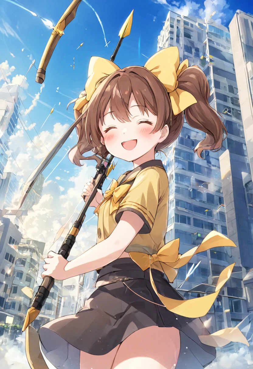 1 girl, alone, broad, blush, SMILE, Brown hair, bow, two tails, Closed eyes, weapon, short sleeves, hair bow, sky, day, blue sky, building, in front of the viewer, yellow bow, bow (weapon), ARROW (projectile), anime style