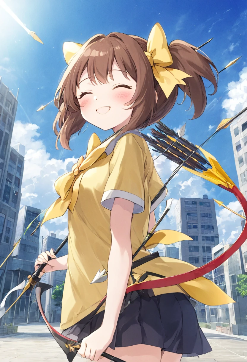 1 girl, alone, broad, blush, SMILE, Brown hair, bow, two tails, Closed eyes, weapon, short sleeves, hair bow, sky, day, blue sky, building, in front of the viewer, yellow bow, bow (weapon), ARROW (projectile), anime style