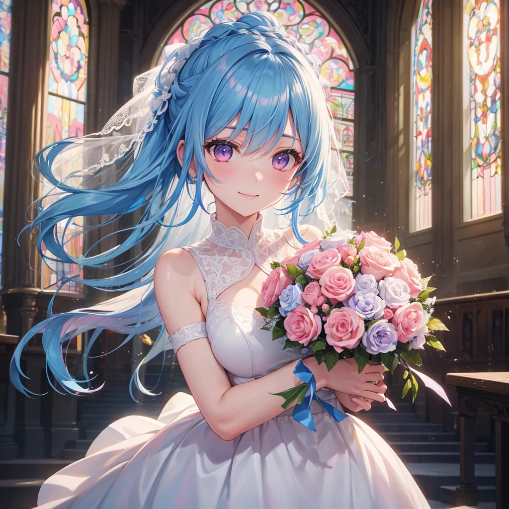 Sky blue hair, (Braided Ponytail),(Pink Eyes),Fair skin ,(whole body),(One girl),bride,A big smile,Straight bangs, 6月のbride,Wedding dress,(masterpiece, Highest quality, Very detailed, Best Shadow), (Detailed Background), (Beautifully detailed face), High Contrast, (Best lighting, Very delicate and beautiful), ((Cinematic Light)), colorful, Hyper Detail, Dramatic Light, Intricate details,Chapel background,Bouquet of roses