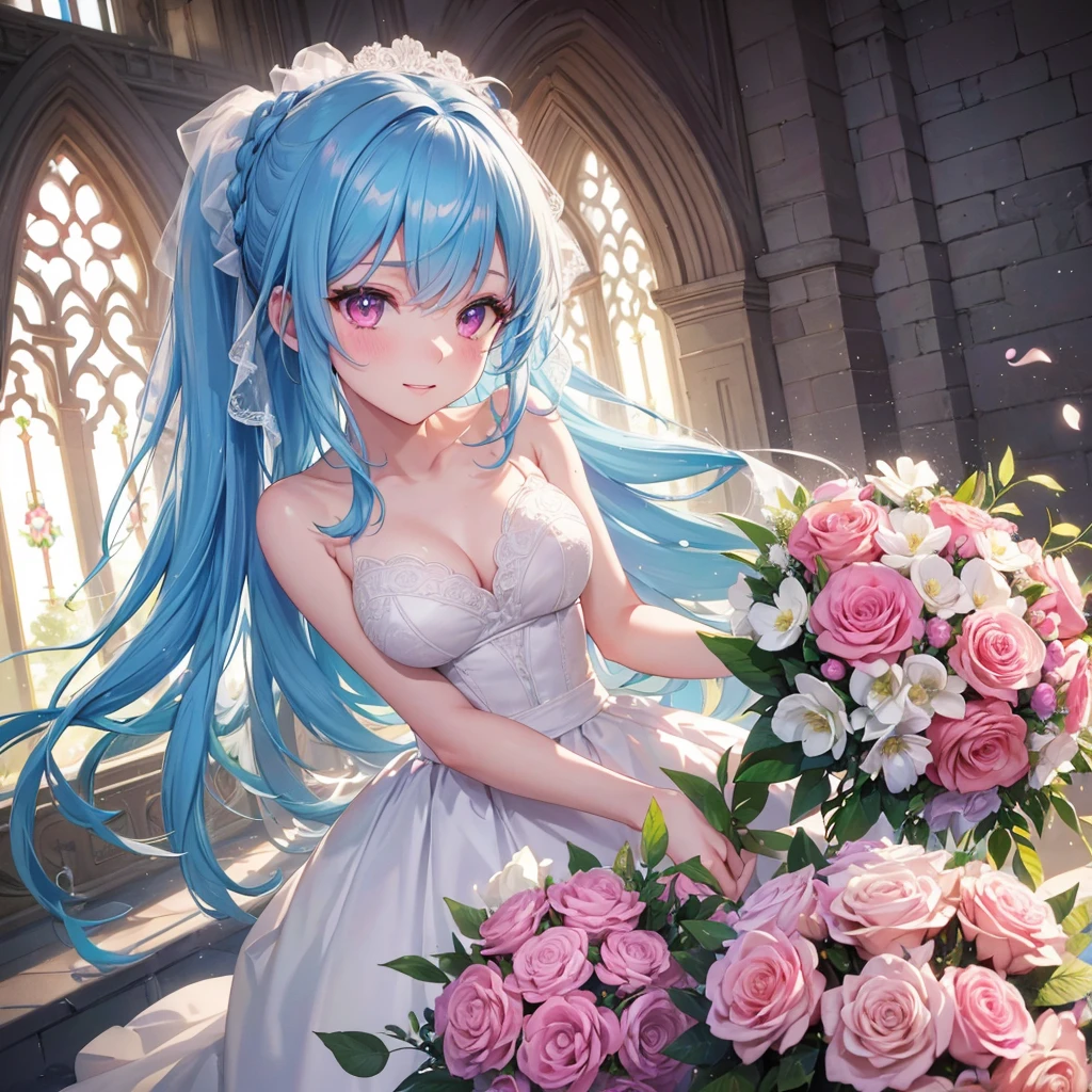 Sky blue hair, (Braided Ponytail),(Pink Eyes),Fair skin ,(whole body),(One girl),bride,A big smile,Straight bangs, 6月のbride,Wedding dress,(masterpiece, Highest quality, Very detailed, Best Shadow), (Detailed Background), (Beautifully detailed face), High Contrast, (Best lighting, Very delicate and beautiful), ((Cinematic Light)), colorful, Hyper Detail, Dramatic Light, Intricate details,Chapel background,Bouquet of roses