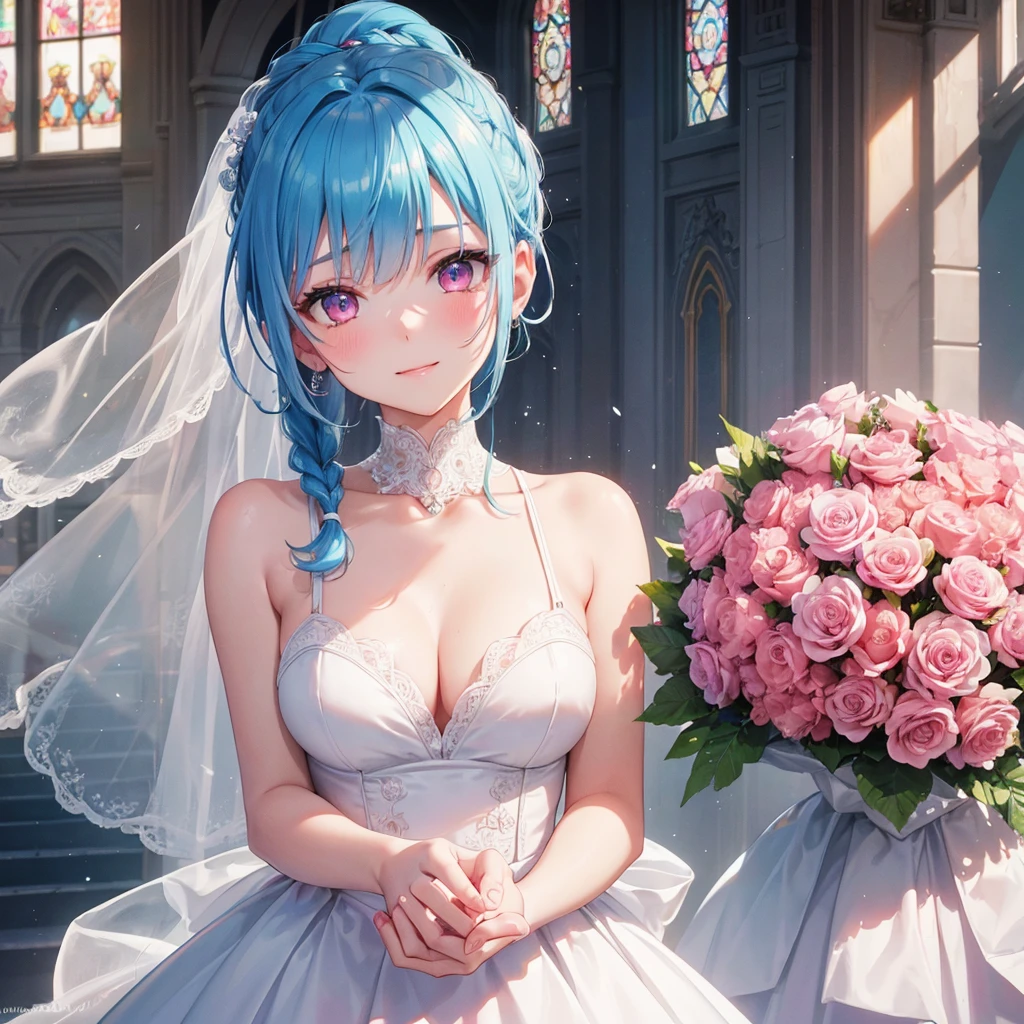 Sky blue hair, (Braided Ponytail),(Pink Eyes),Fair skin ,(whole body),(One girl),bride,A big smile,Straight bangs, 6月のbride,Wedding dress,(masterpiece, Highest quality, Very detailed, Best Shadow), (Detailed Background), (Beautifully detailed face), High Contrast, (Best lighting, Very delicate and beautiful), ((Cinematic Light)), colorful, Hyper Detail, Dramatic Light, Intricate details,Chapel background,Bouquet of roses
