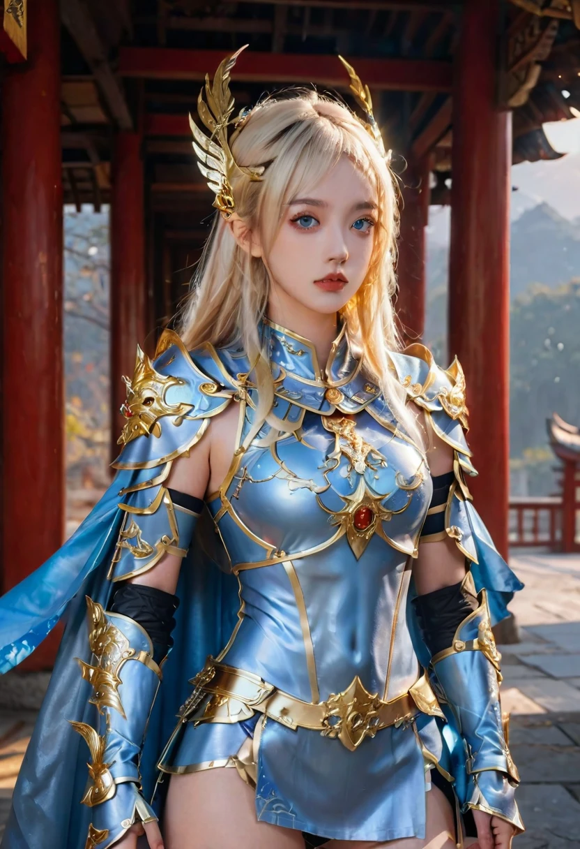 a celestial princess,wearing  red and gold mythical armor, iridescent, vibrant, octane render, icy blue eyes, blonde hair, intricate mythical steel thigh armor, intricate mythical steel tigh latex armor, cape, intricate mythical wing-like pagoda headpiece, standing in front of ancient temple, sky full of stars, highly detailed, ultra-realistic, 8k, photorealistic, cinematic lighting, volumetric lighting, dramatic shadows, epic fantasy, digital painting, intricate details, award winning art