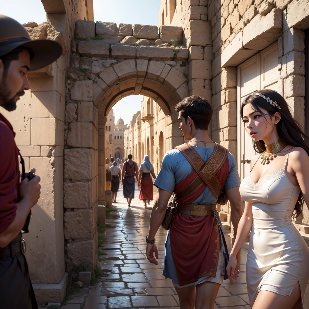Ultra-realistic scene of the cultural fusion in cities like Sepphoris and Tiberias, showcasing Roman architecture alongside traditional Hebrew elements. The bustling urban environment reflects a blend of customs and practices, illustrating the social landscape of Israel under Roman influence. All rendered in super-realism, vivid color, and high detail to meet the specifications of a photograph taken by a lens Panasonic Lumix G Leica DG Nocticron 42.5 mm f/1.2. The image aims to achieve photorealism, epic composition, depth of field, hyper-detail, and is designed for editorial photography with qualities of super-resolution 16k, UHD, HDR, and a surreal atmosphere.