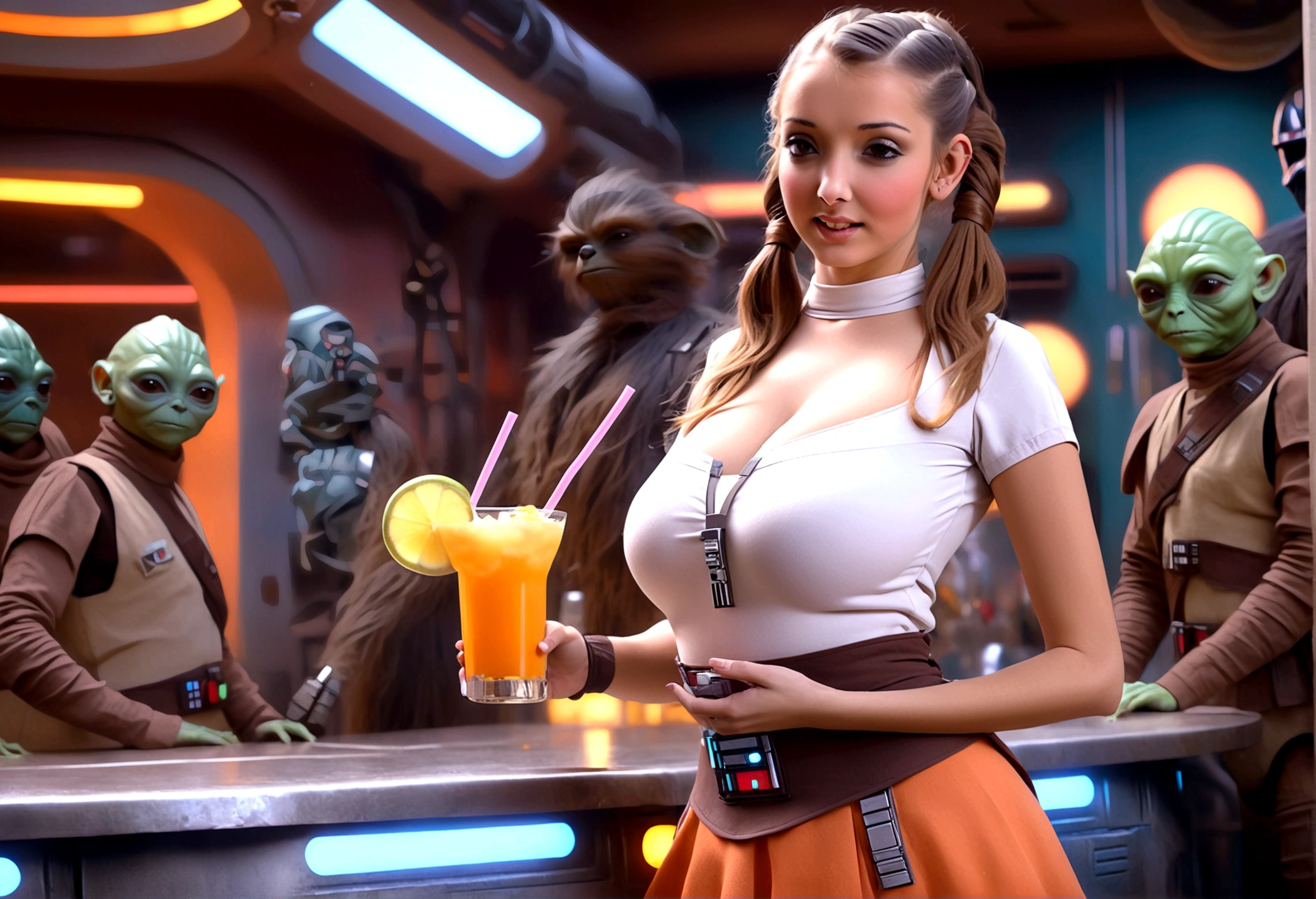 A cute woman in a sci-fi waitress outfit, deep neckline, mini skirt, working at a Star Wars cantina, serving drinks to wild and rowdy aliens, photorealistic, masterpiece, 8k, highly detailed, cinematic lighting, vibrant colors, dynamic composition, dramatic poses, hyper-realistic textures, intricate details, science fiction, futuristic, neon lights, gritty atmosphere
