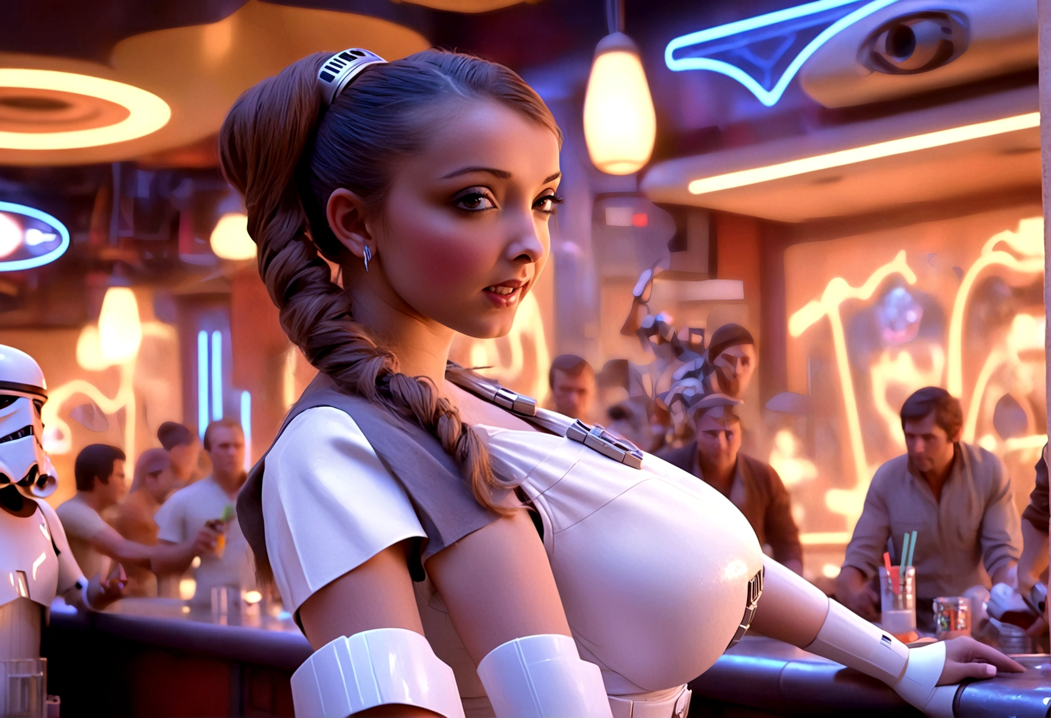 A cute woman in a sci-fi waitress outfit, deep neckline, mini skirt, working at a Star Wars cantina, serving drinks to wild and rowdy aliens, photorealistic, masterpiece, 8k, highly detailed, cinematic lighting, vibrant colors, dynamic composition, dramatic poses, hyper-realistic textures, intricate details, science fiction, futuristic, neon lights, gritty atmosphere
