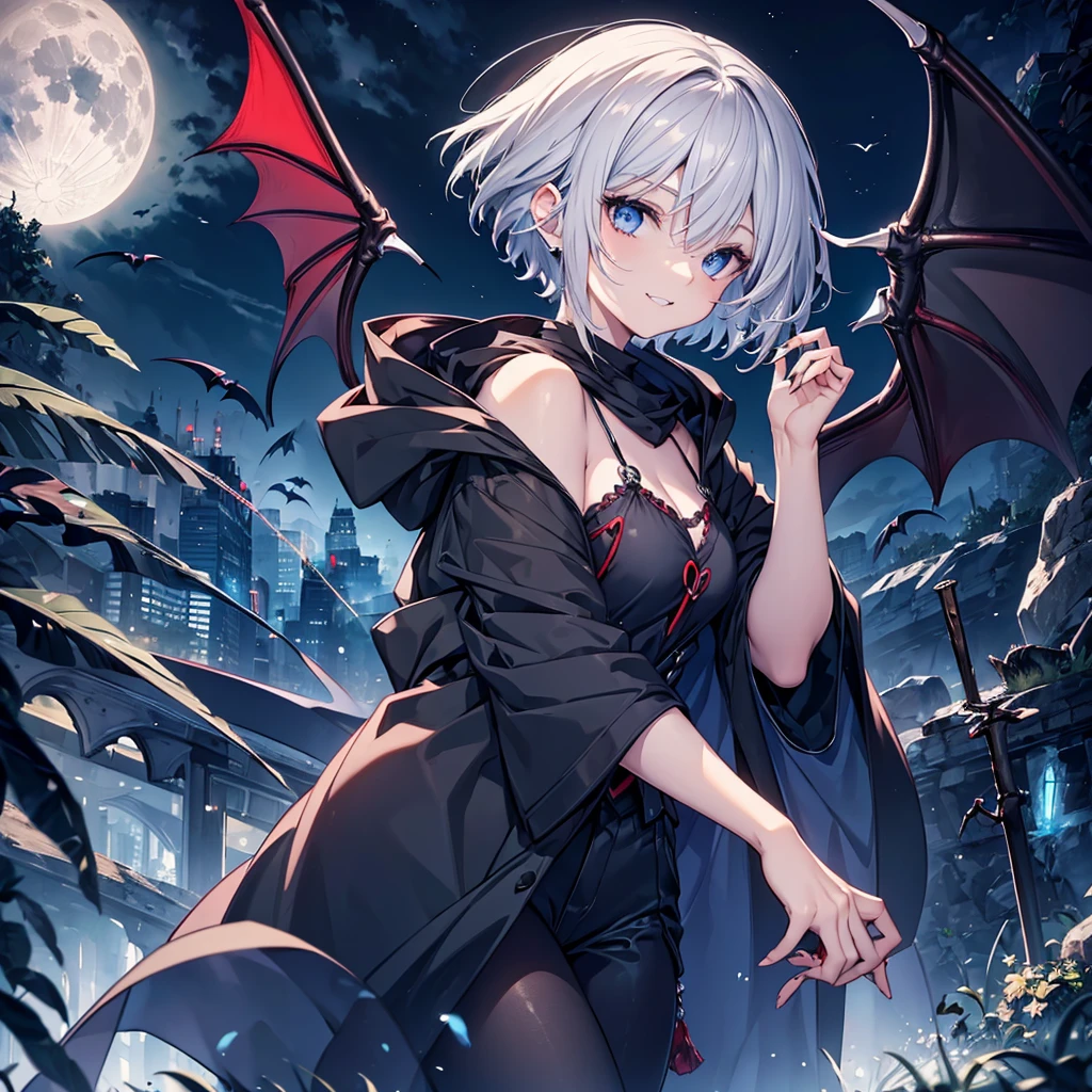 ((((vampire　inflammation))))　(((Gray Hair　short hair　blue eyes　woman　Center close-up　wine glass)))，((night　full moon　My own big wings　Town))，(Wearing a hood　Black camisole　Purple light　Wearing a cloak)，　Creepy Smile　Showing teeth　Shining Background　Shining Edges