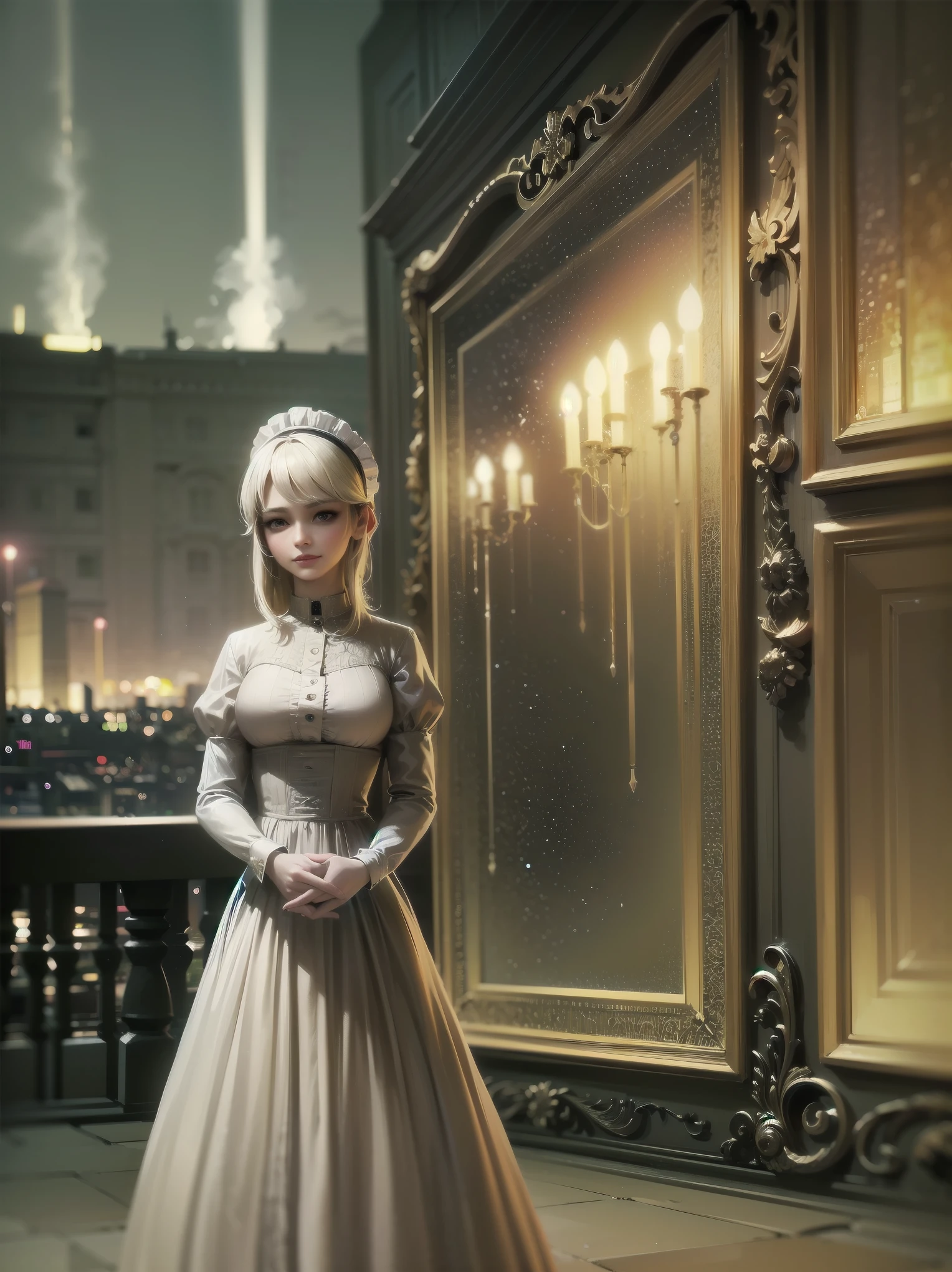 (Highest quality、16K、masterpiece、Ultra-high resolution、Victorian era、Photorealistic:1.2)、A delicate Lolita girl, aged 13, stands on a castle balcony at dusk, surrounded by the city's skyline and steampunk contraptions. Her platinum hair is messy, framing her androgynous charm. She wears a flowing white dress with a light green tie and holds a pocket watch in hand. A subtle smile plays on her lips as she gazes out at the night view, her eyes shining like sapphires. The air is filled with steam spewing from pipes, adding to the surreal atmosphere. Her skin glows with an ultra-dense texture, and her fingers are full and detailed.
