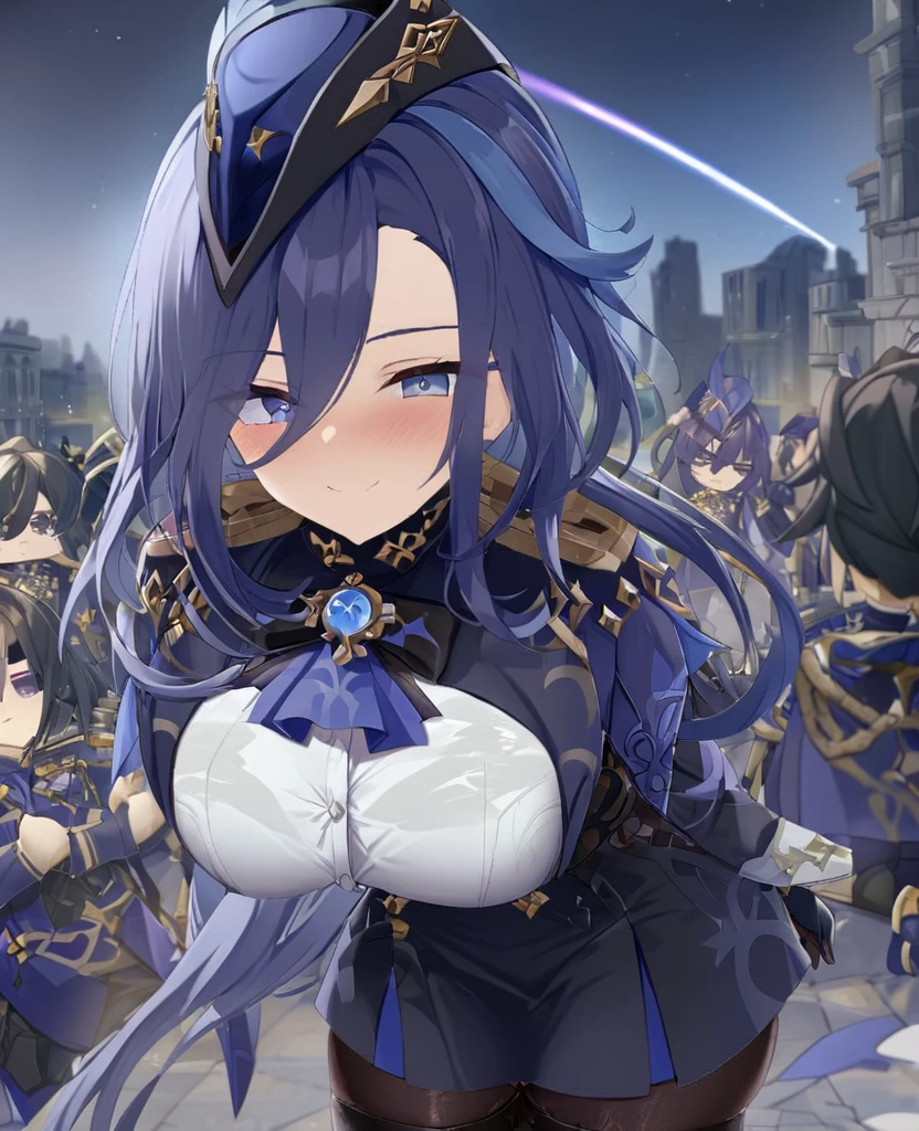 Facing forward girl Military uniforms with a white base and some black Spectacular Background A shooting star is falling Beautiful night view She is on the right On the left you can see the destroyed city. He has a gun 服にはplaneが描かれています 背景の上部にはFighterが飛んでいます Red Moon blue eyes There is one person Purple long hair wearing a military cap war I'm wearing pants Precision masterpiece girlにクローズアップ girlを正面から見ています ponytail long hair soldier battlefield {超Precision} Satanic Smiling gently Kind eyes Anime Style {war} {Gunfight} {Fighterの擬人化} Fighter tank Battleship plane Thunder Day Mechanical Man 宇宙Battleshipヤマトの武装をつけています Gentle expression F-16Fighterの翼を背中につけています tankがいます Clolinde Genshin Impact The corners of the mouth are slightly raised The mouth is closed The mouth is small cute