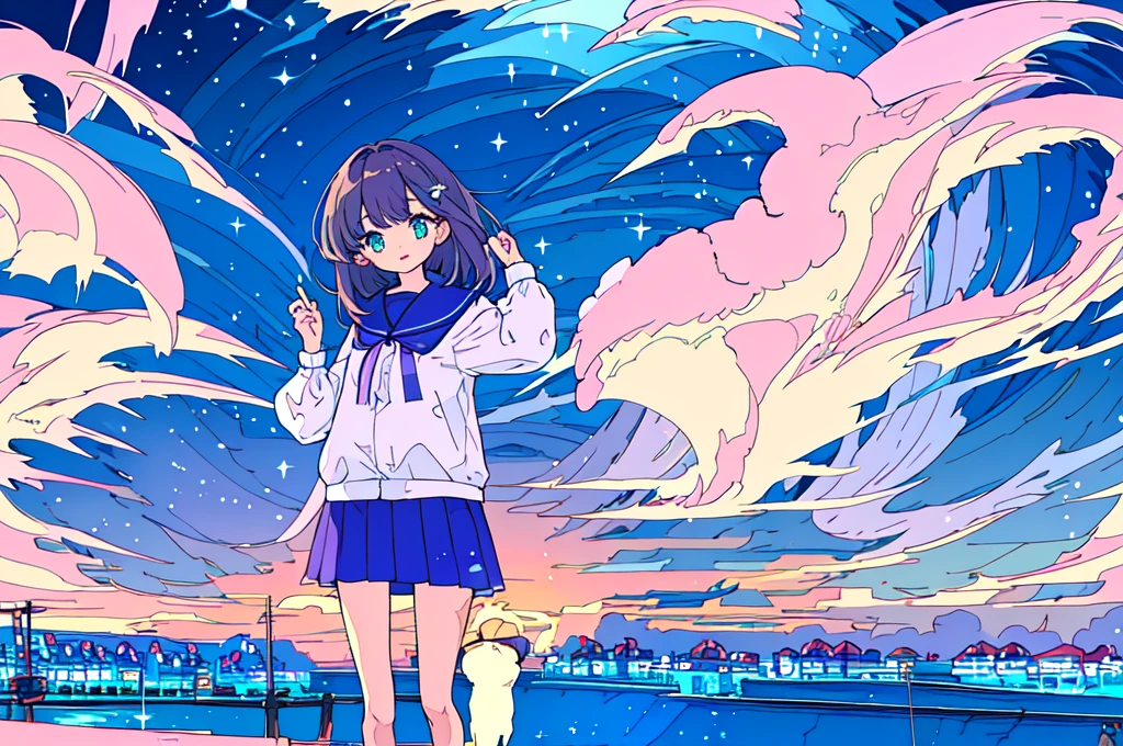 high quality、Detailed background、in 8K、Seaside town、One beautiful girl、Cute Hairstyles、Overlooking the cityscape、Midnight,detailed、pastel colour、shooting star、ripple,((Cat))、