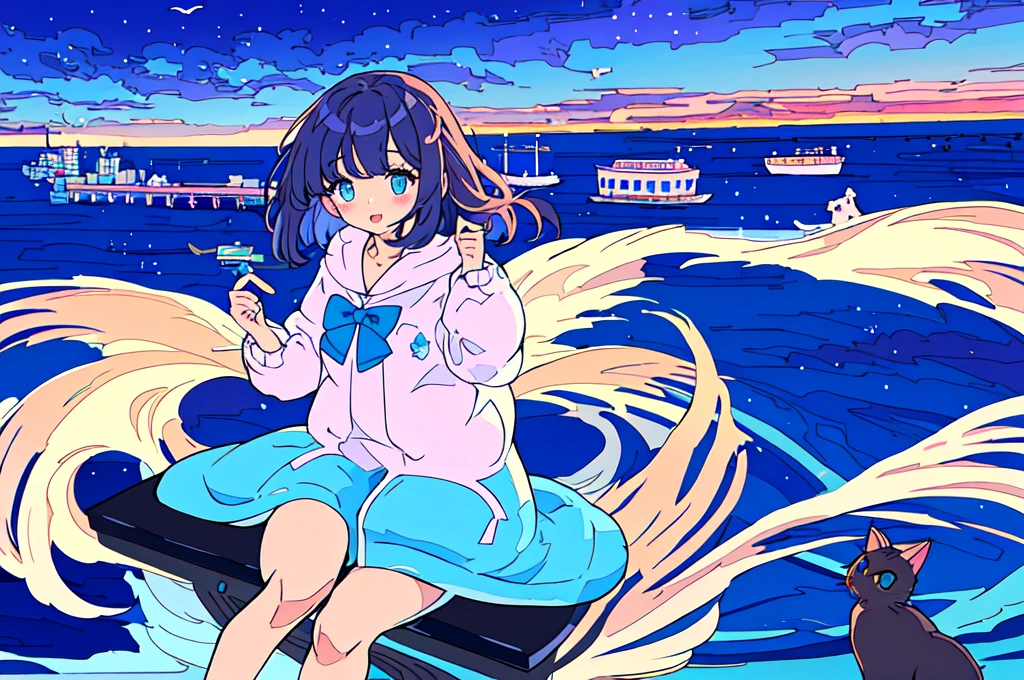 high quality、Detailed background、in 8K、Seaside town、One beautiful girl、Cute Hairstyles、Overlooking the cityscape、Midnight,detailed、pastel colour、shooting star、ripple,((Cat))、