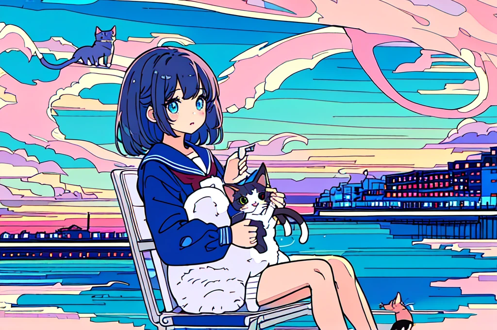 high quality、Detailed background、in 8K、Seaside town、One beautiful girl、Cute Hairstyles、Overlooking the cityscape、Midnight,detailed、pastel colour、shooting star、ripple,((Cat))、