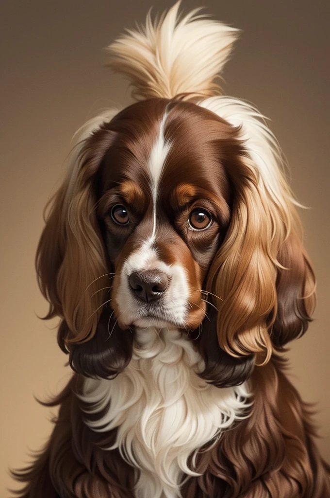 Drawing of an English cocker spaniel with golden fur and a white spot on the head 